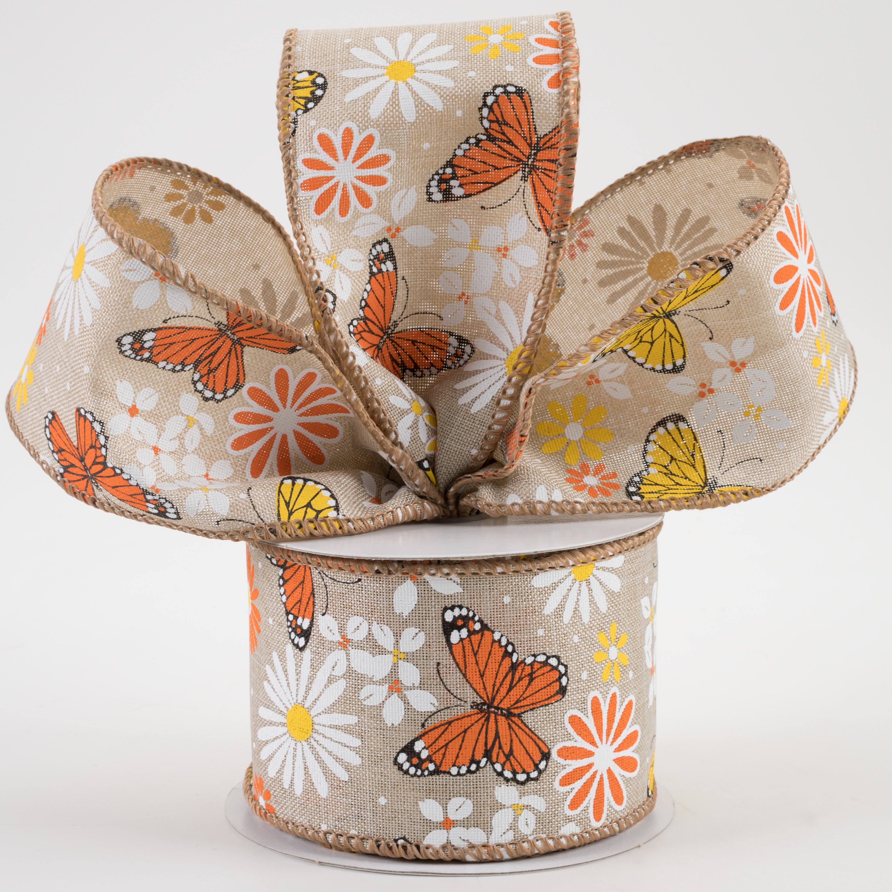 2.5" Butterflies & Flowers Linen Ribbon: Natural (10 Yards) Lifestyle Photo