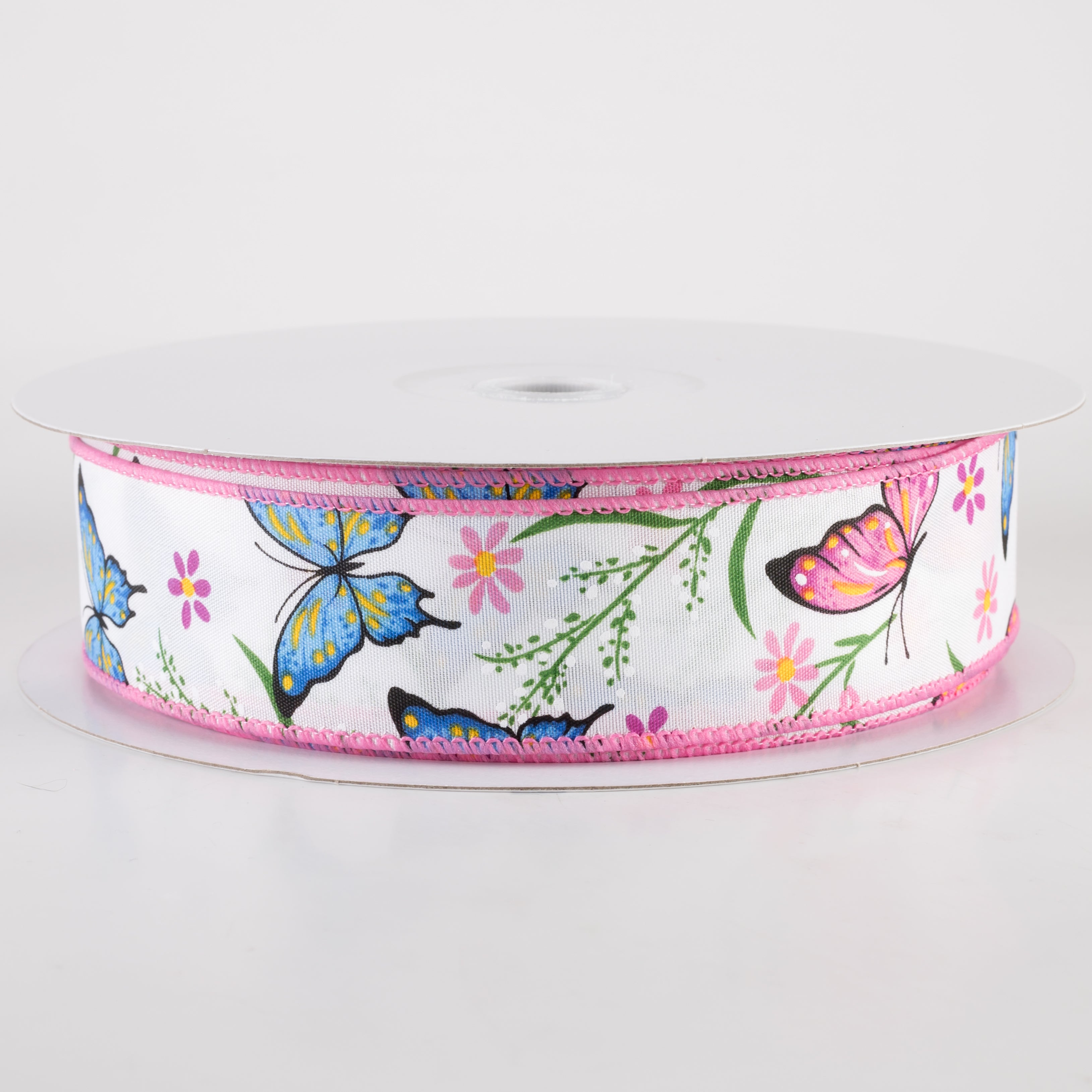 1.5" Butterfly Flowers Satin Ribbon: Pink & Blue (50 Yards) Item Number: 841-09-413