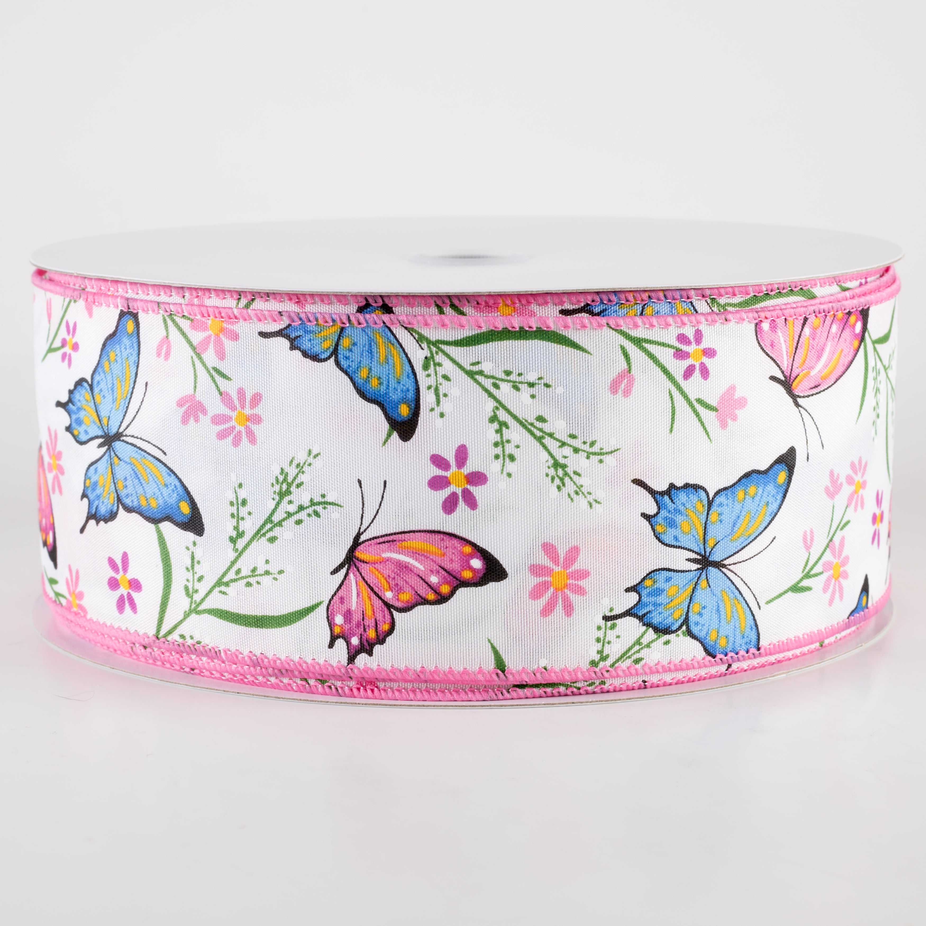 2.5" Butterfly Flowers Satin Ribbon: Pink & Blue (50 Yards) Item Number: 841-40-413