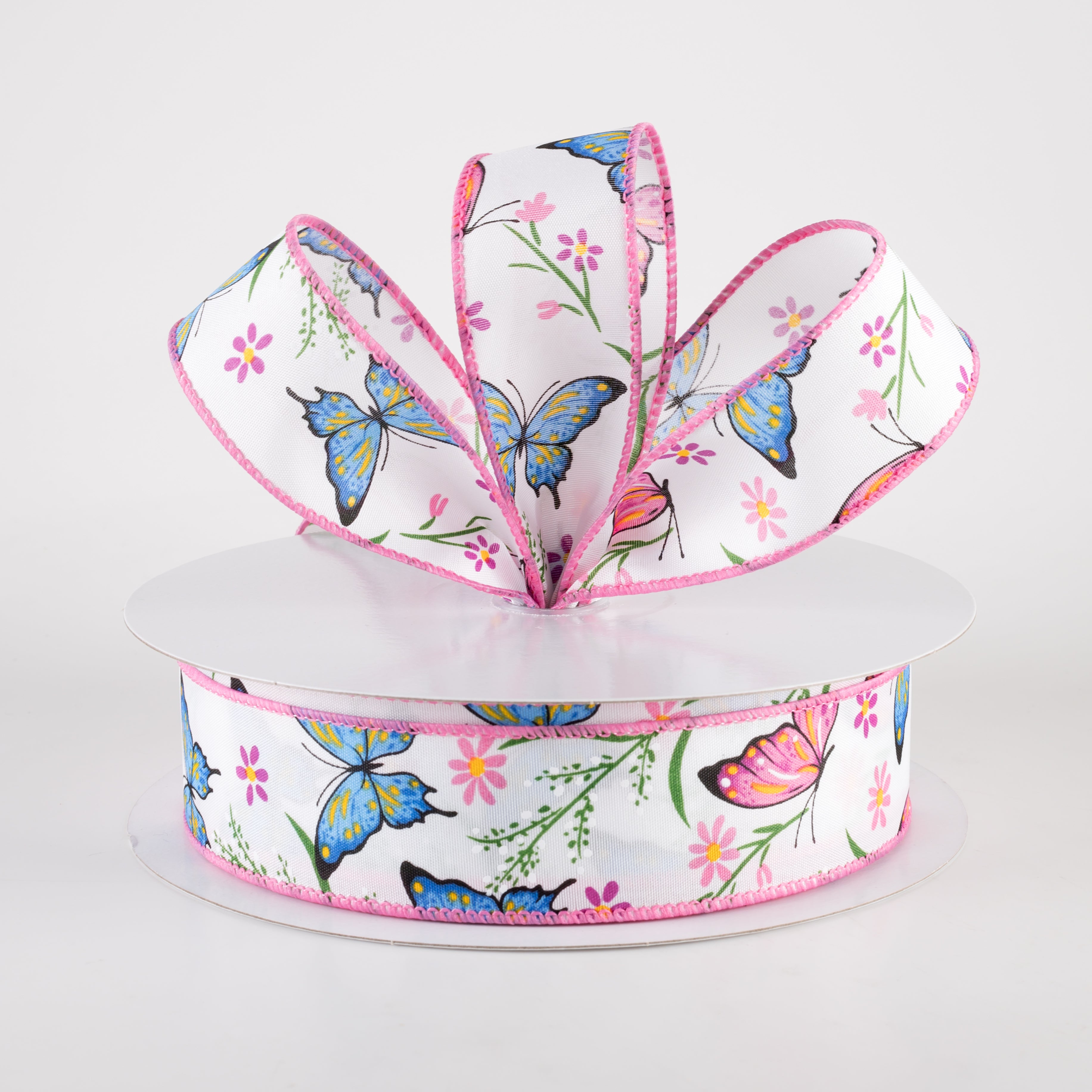 1.5" Butterfly Flowers Satin Ribbon: Pink & Blue (50 Yards) Lifestyle Photo