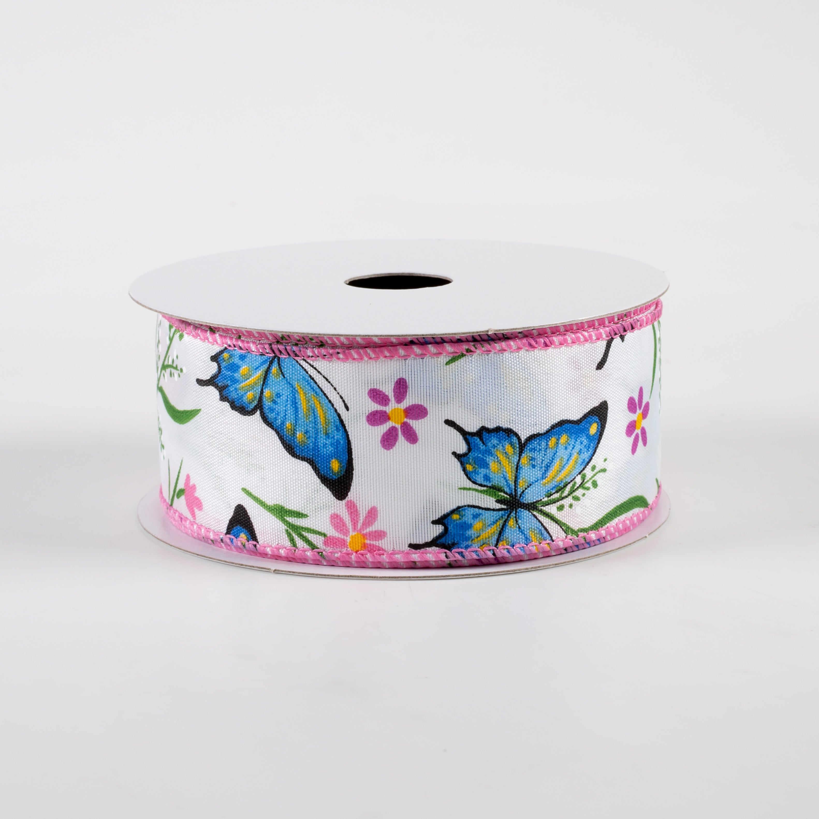 1.5" Butterfly Flowers Satin Ribbon: Pink & Blue (10 Yards)