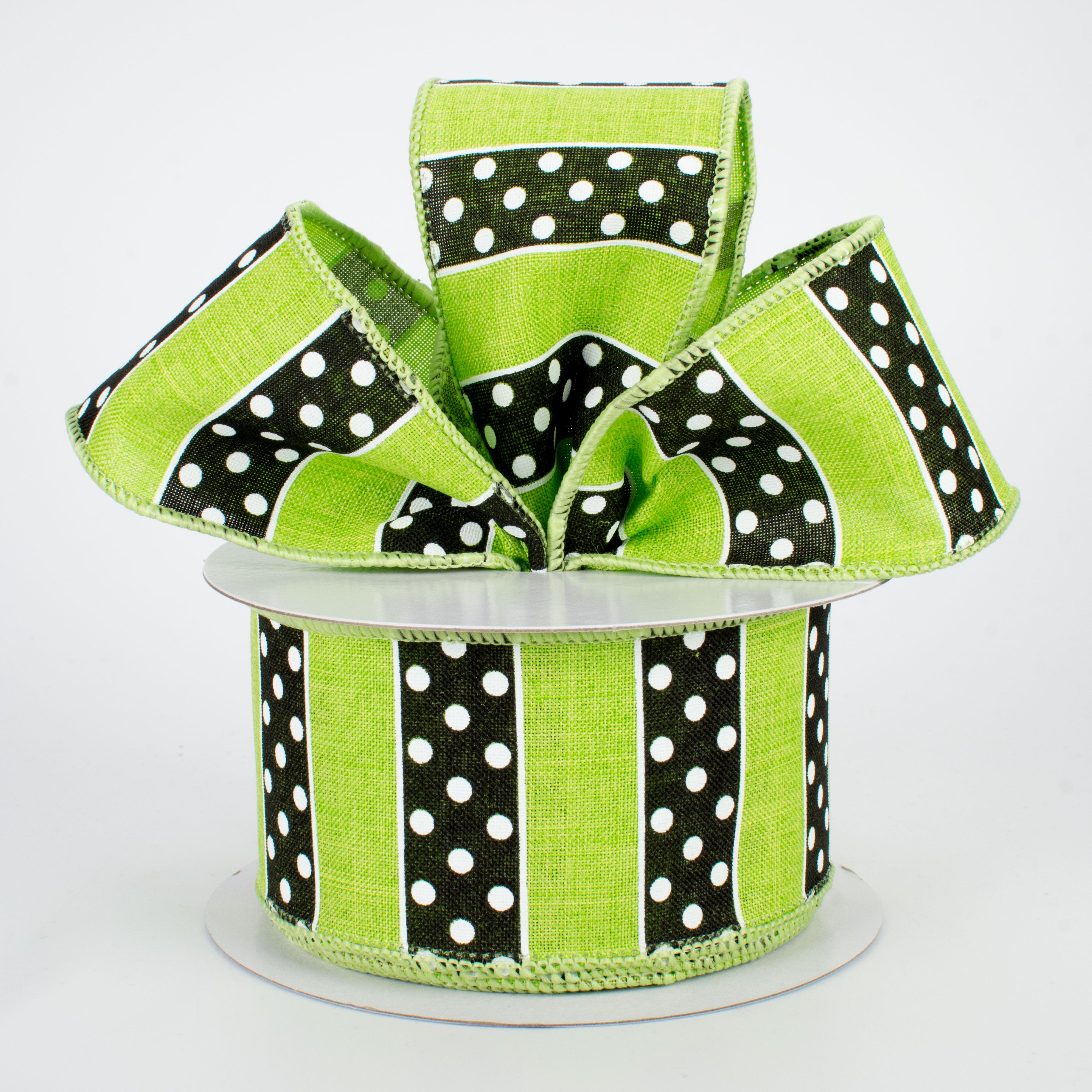 2.5" BW Polka Dot Stripes Ribbon: Lime (10 Yards) Lifestyle Photo