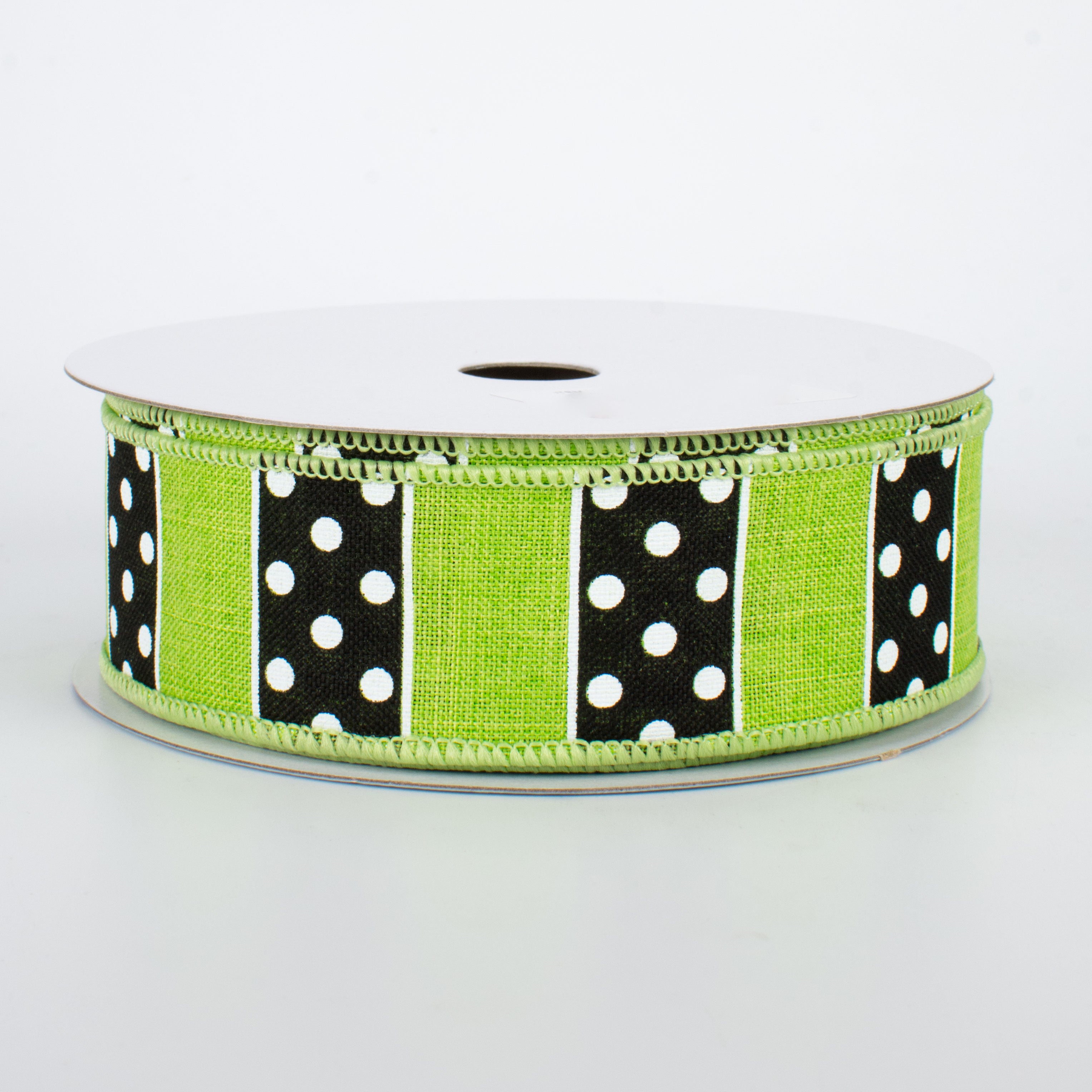 1.5" BW Polka Dot Stripes Ribbon: Lime (10 Yards)
