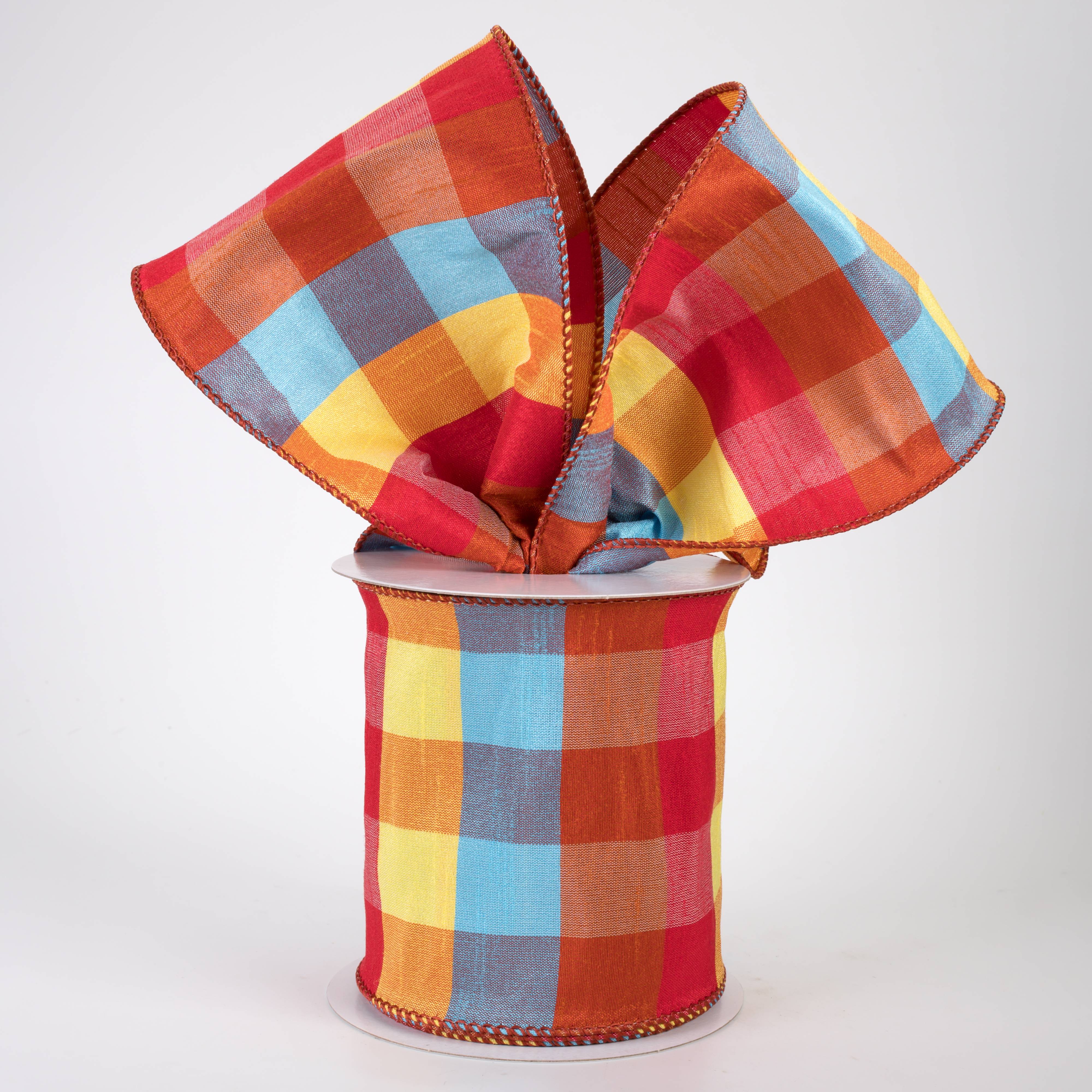 4" Dupioni Bold Checks Plaid: Rust, Orange, Blue & Yellow (10 Yards)