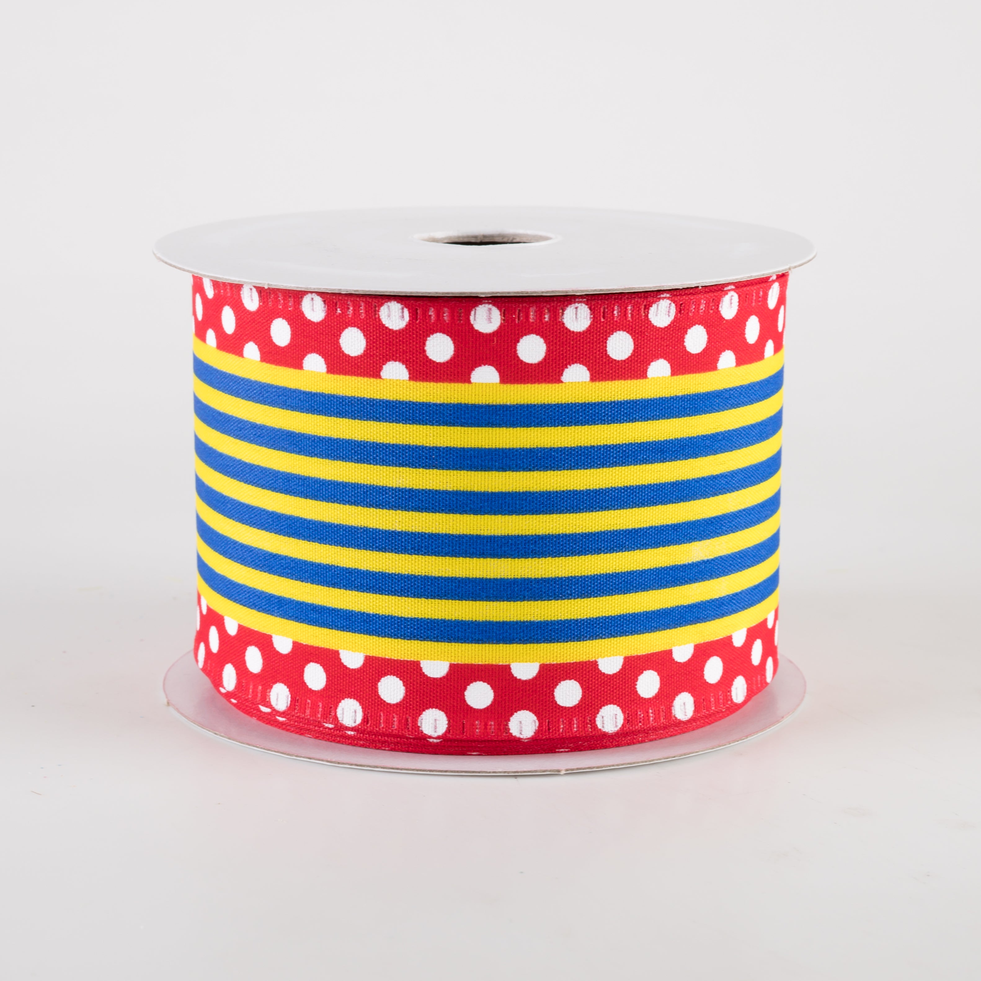 2.5" Cabana Stripe Dot Edge Ribbon: Red, Royal Blue, Yellow (10 Yards) Item Number: 46413-40-12