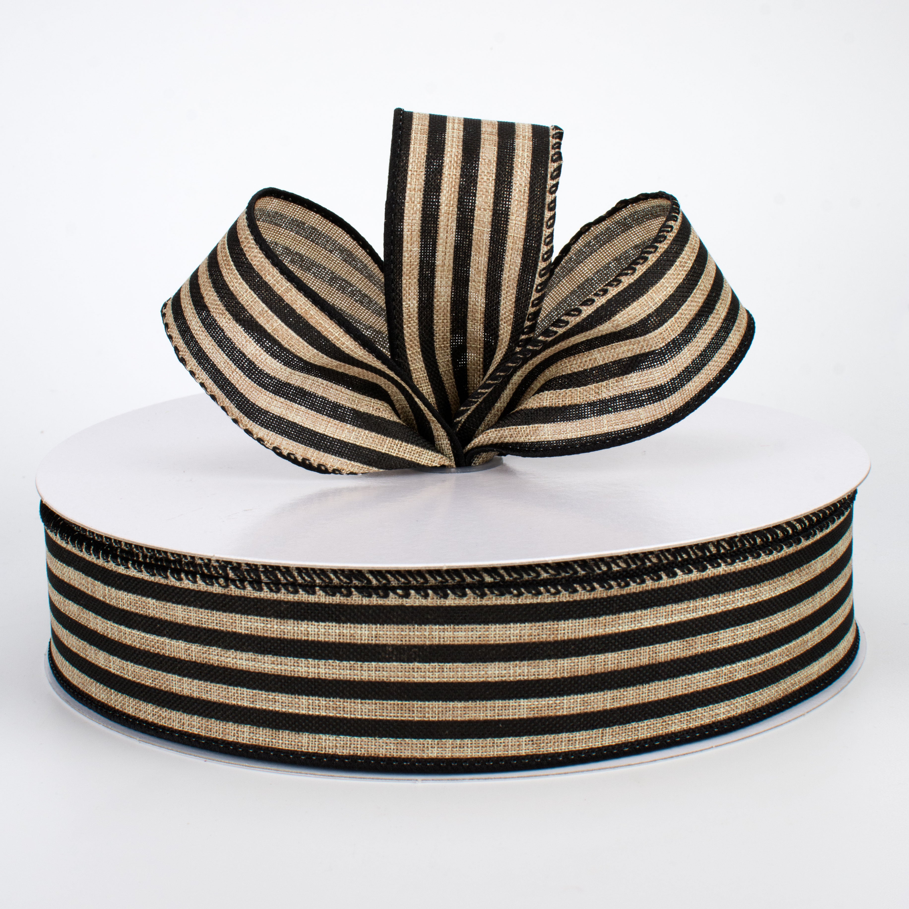 1.5" Cabana Stripes Ribbon: Black & Beige (50 Yards) Lifestyle Photo