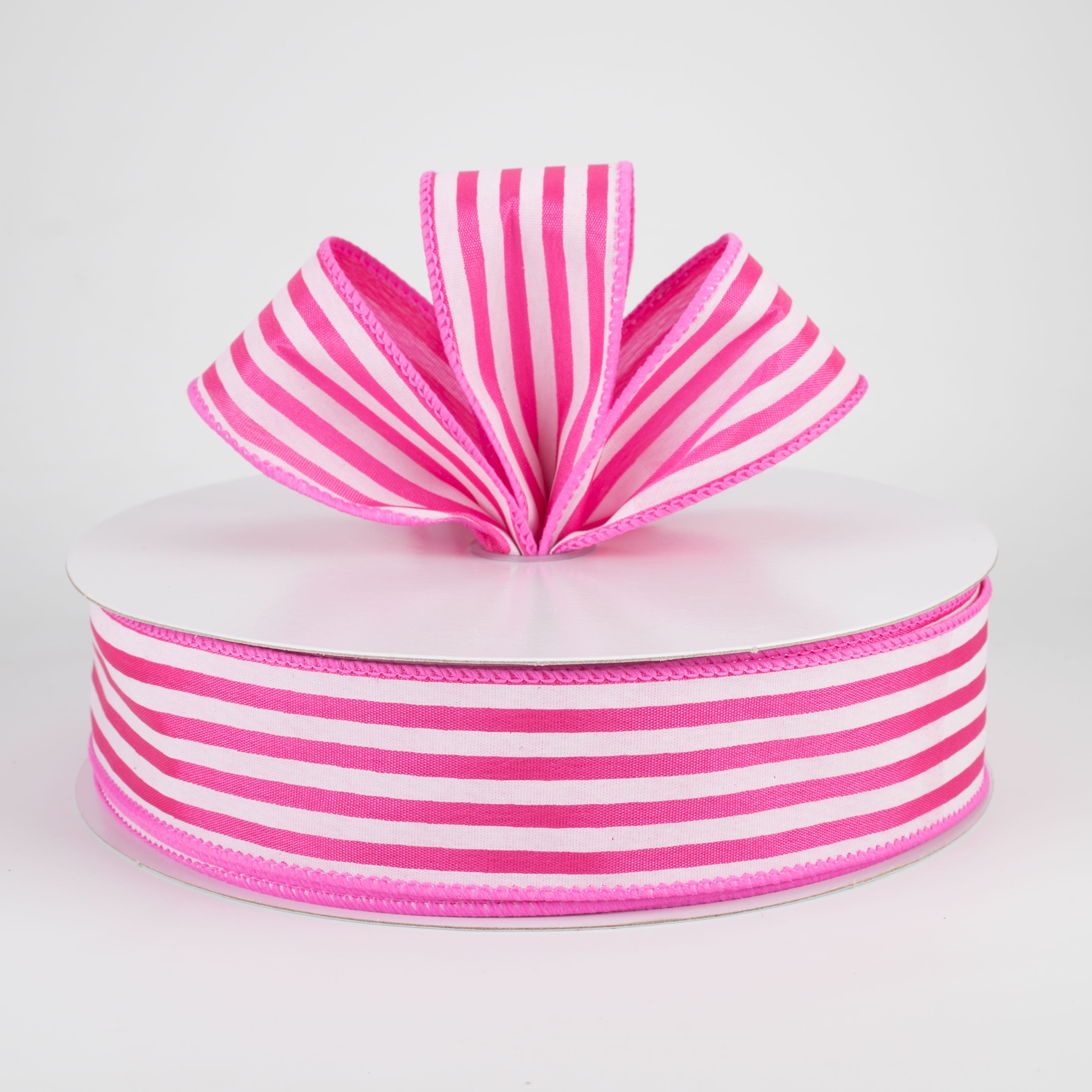1.5" Cabana Stripes Ribbon: White on Fuchsia Satin (50 Yards) Lifestyle Photo