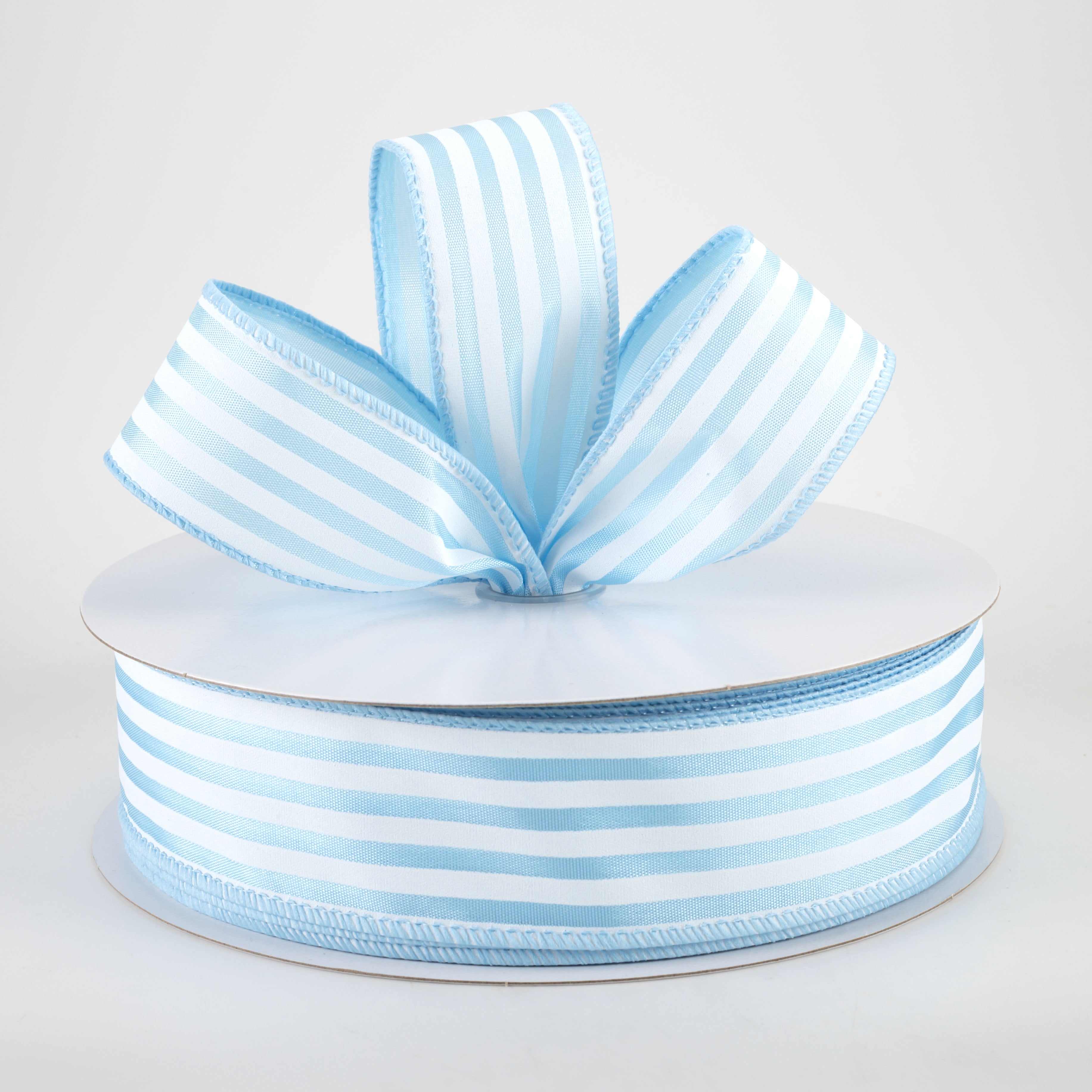 1.5" Cabana Stripes Ribbon: White on Light Blue Satin (50 Yards) Lifestyle Photo