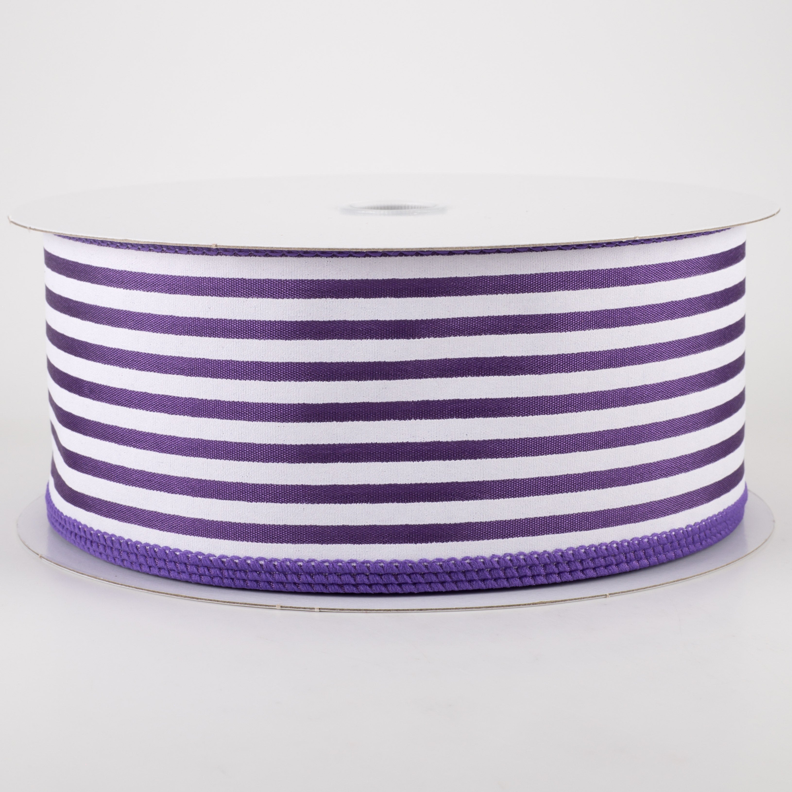 2.5" Cabana Stripes Ribbon: White on Purple Satin (50 Yards)