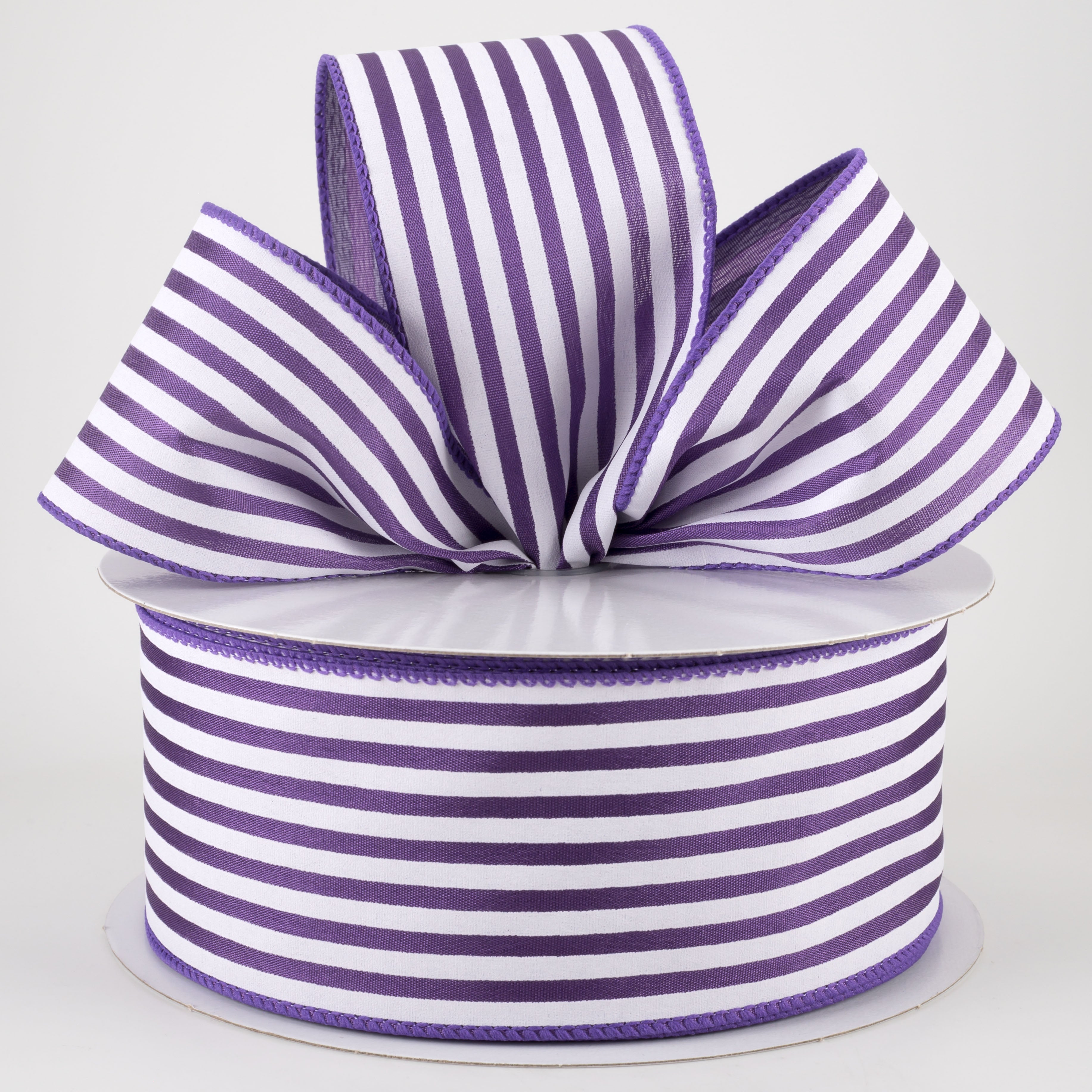2.5" Cabana Stripes Ribbon: White on Purple Satin (50 Yards) Lifestyle Photo