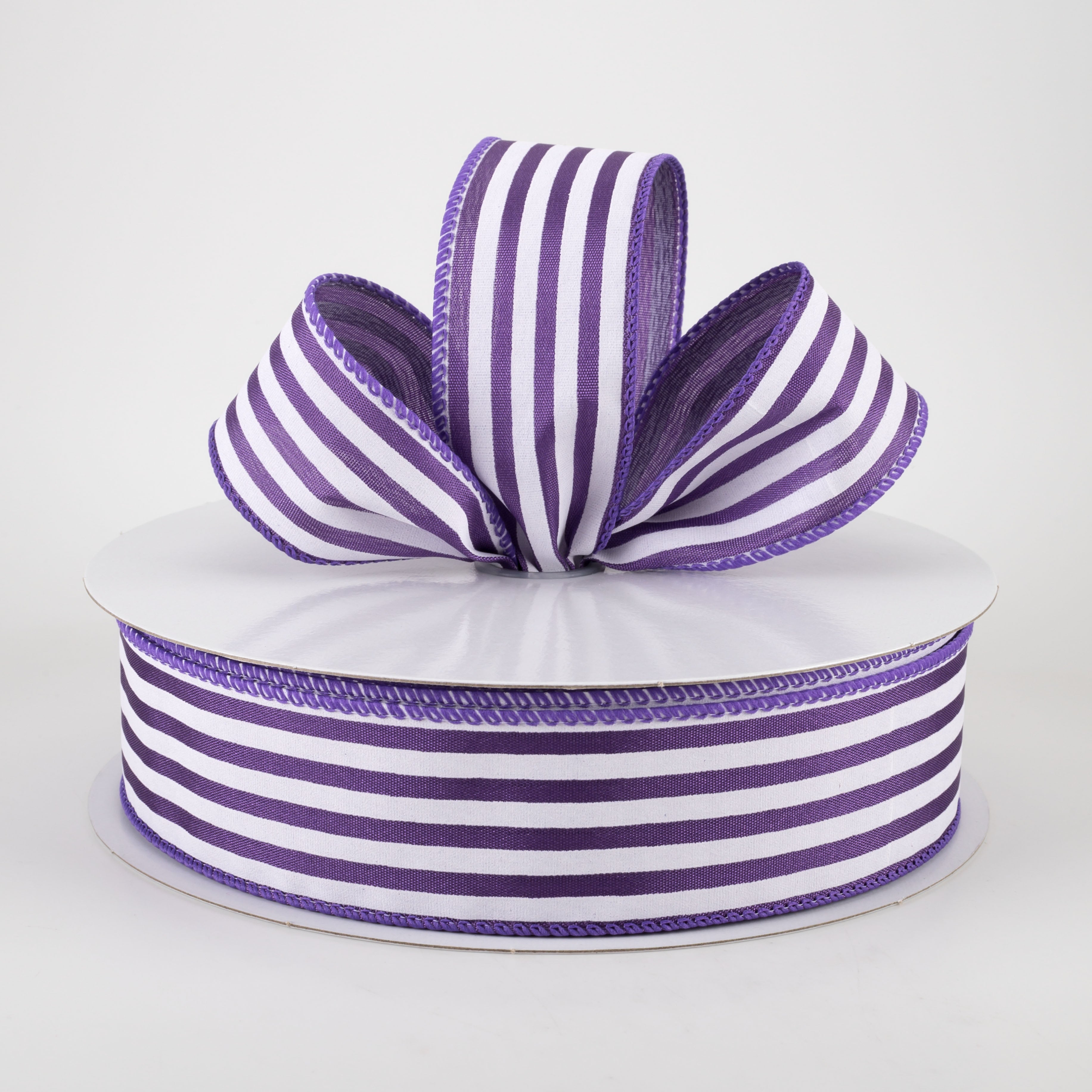 1.5" Cabana Stripes Ribbon: White on Purple Satin (50 Yards) Lifestyle Photo