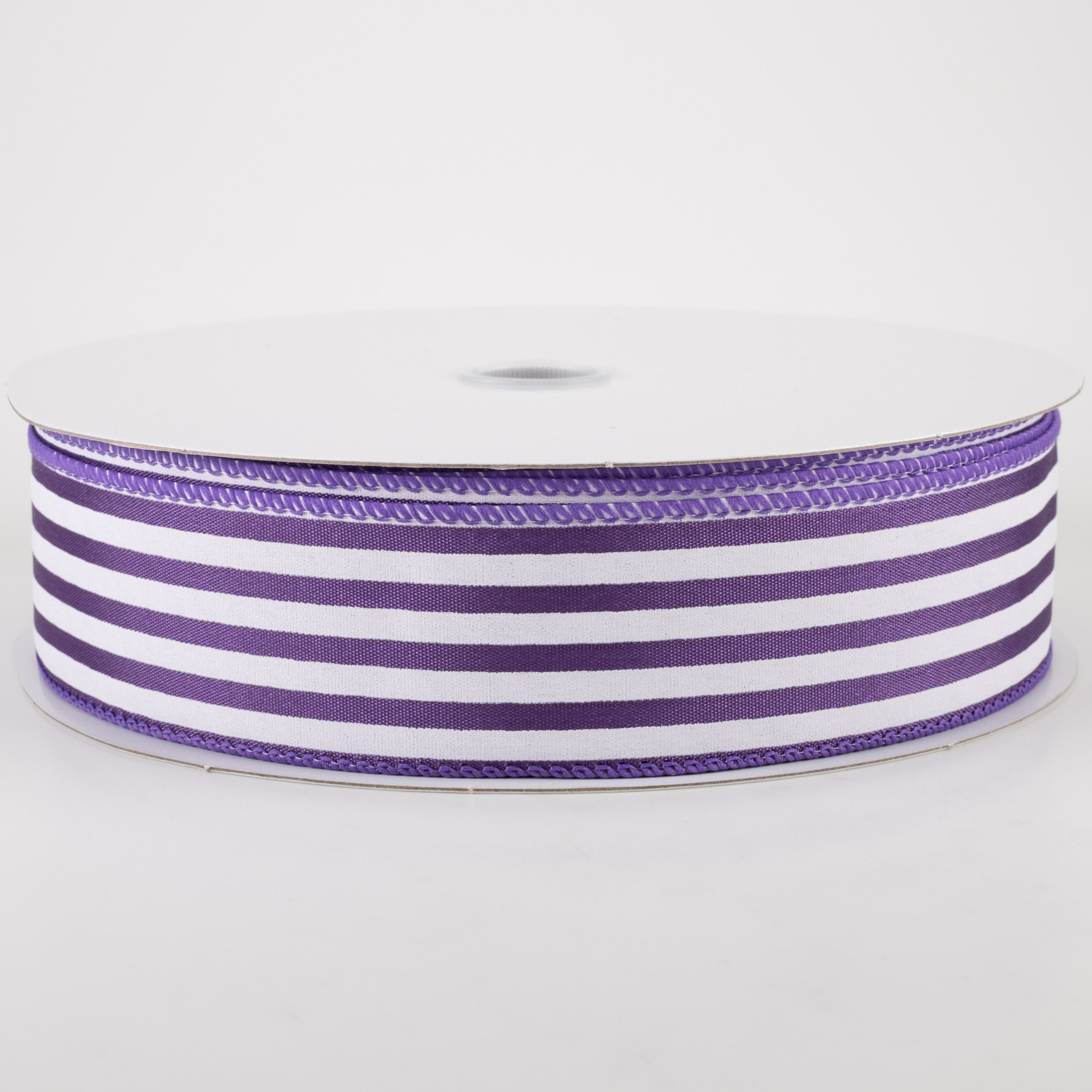 1.5" Cabana Stripes Ribbon: White on Purple Satin (50 Yards)