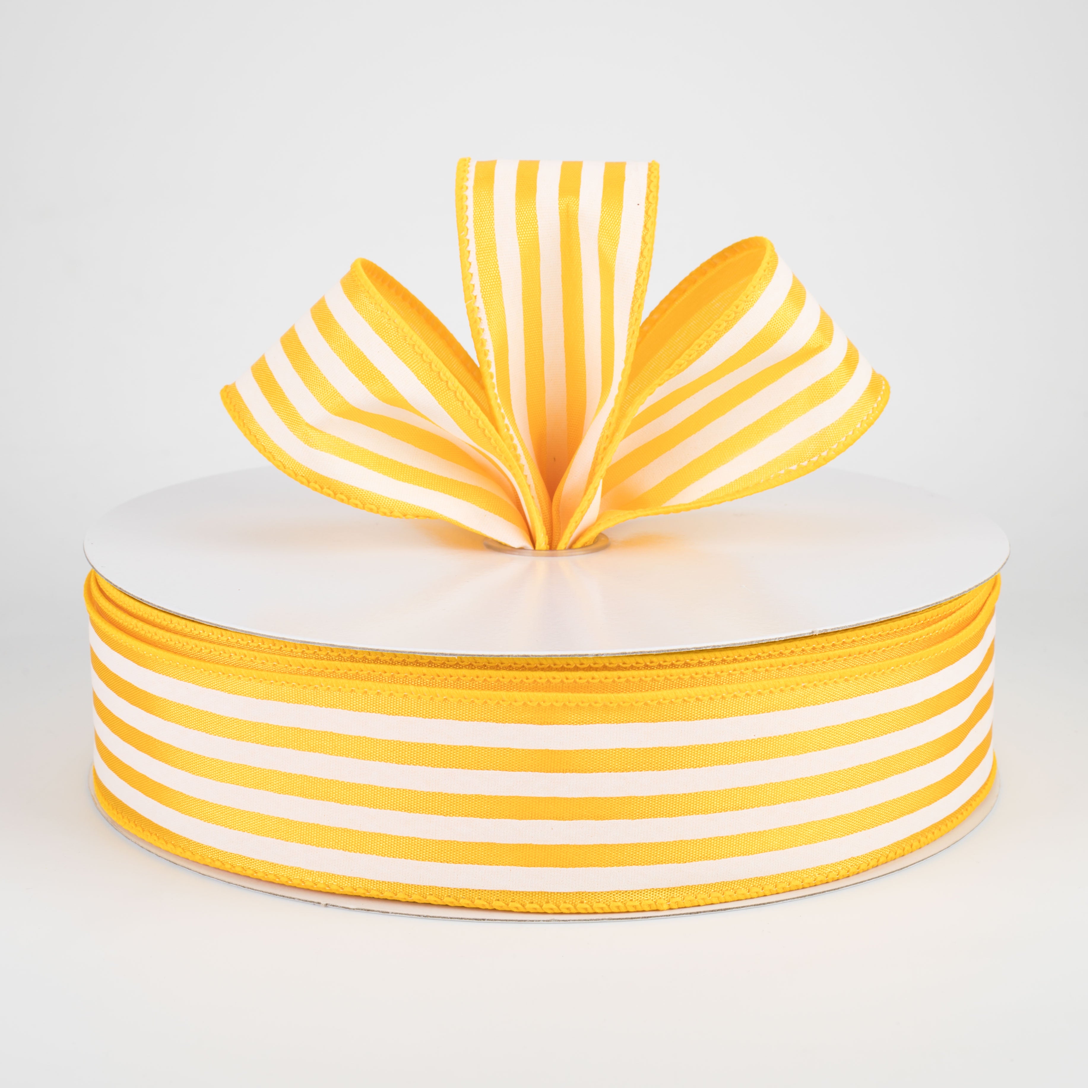 1.5" Cabana Stripes Ribbon: White on Sunflower Yellow (50 Yards) Lifestyle Photo