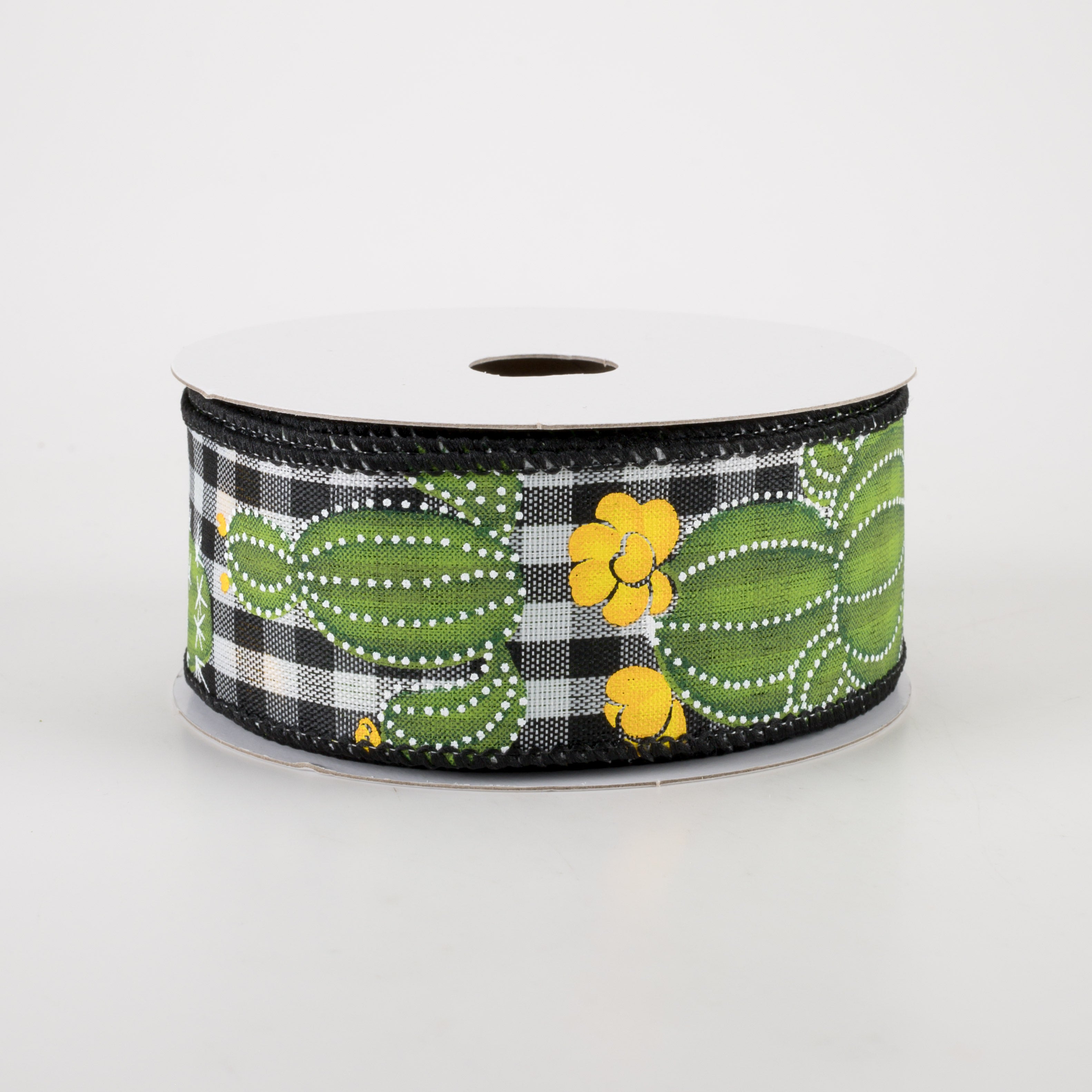 1.5" Cactus on Gingham Ribbon: Black & White (10 Yards) Item Number: 41251-09-21