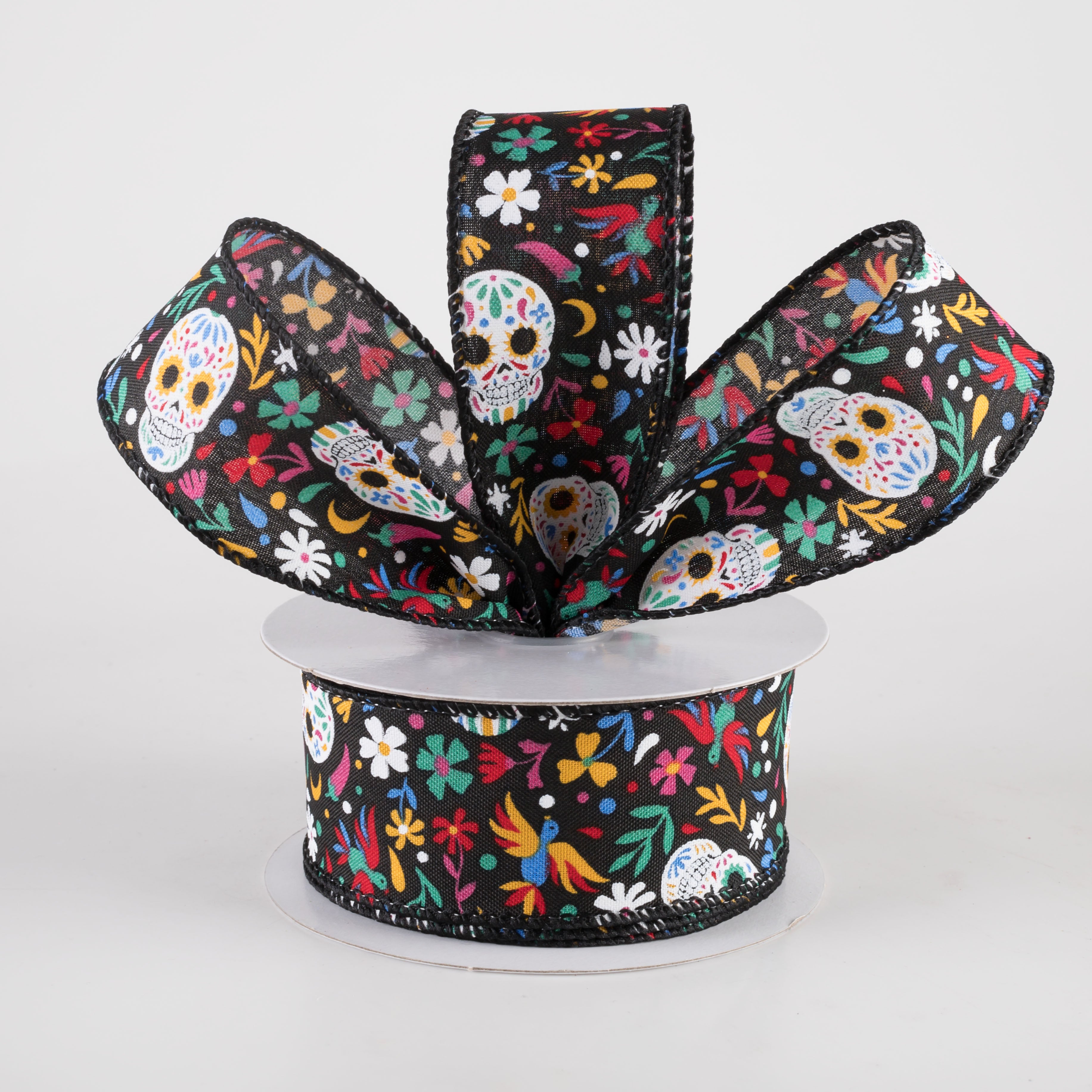 1.5" Calaveras Day of the Dead Skull Ribbon: Black (10 Yards) Lifestyle Photo