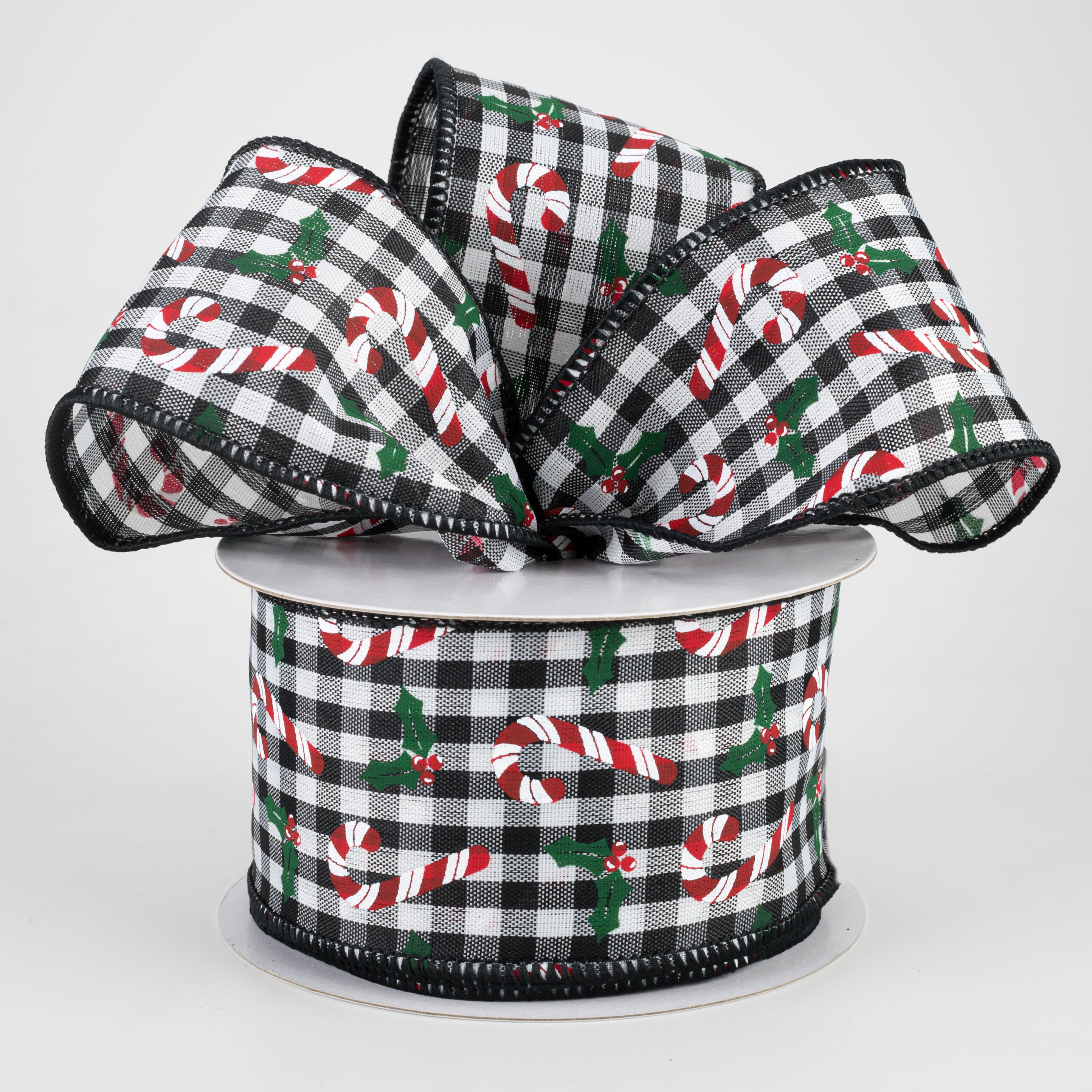 2.5" Candy Canes & Holly Gingham Ribbon: Black & White (10 Yards) Lifestyle Photo