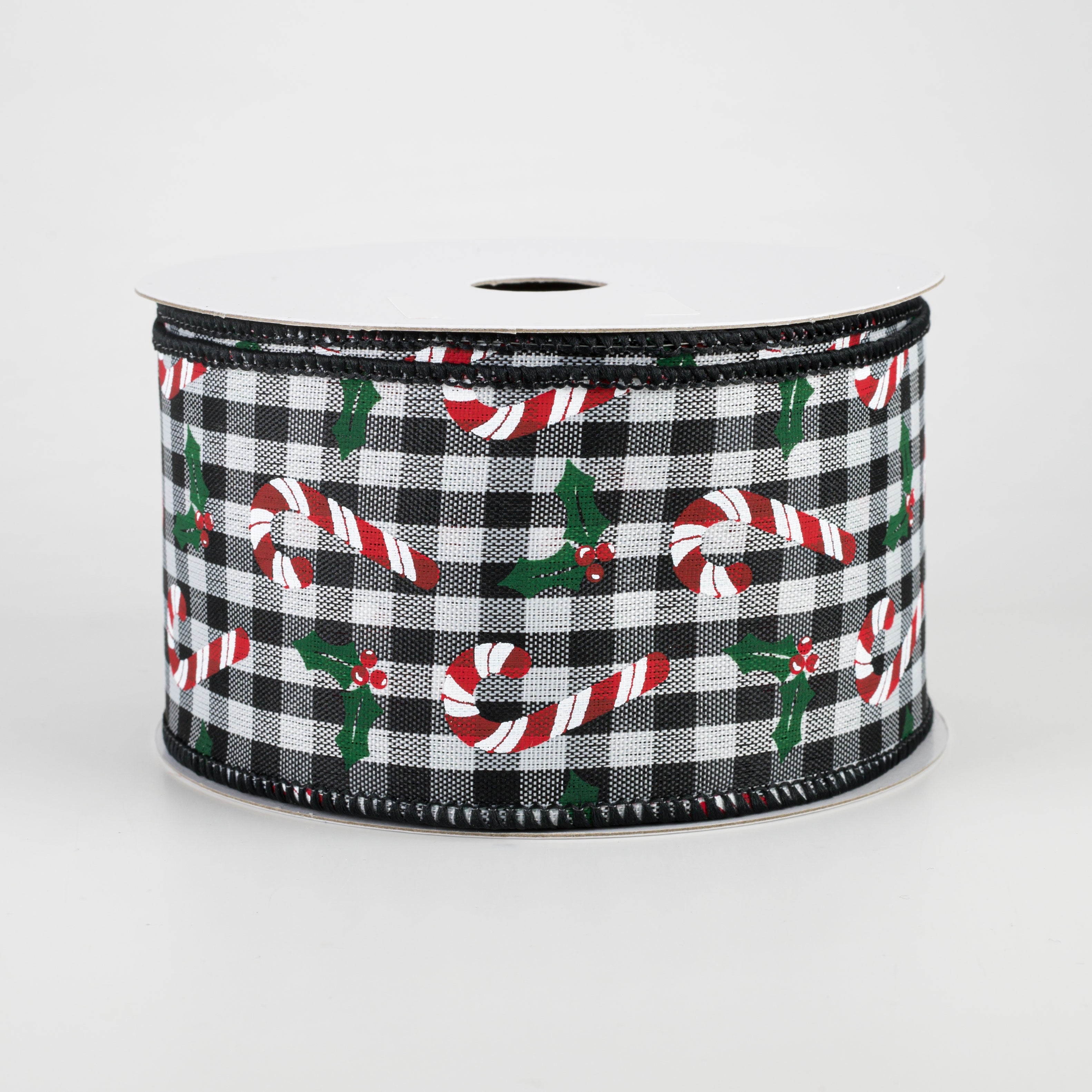 2.5" Candy Canes & Holly Gingham Ribbon: Black & White (10 Yards)