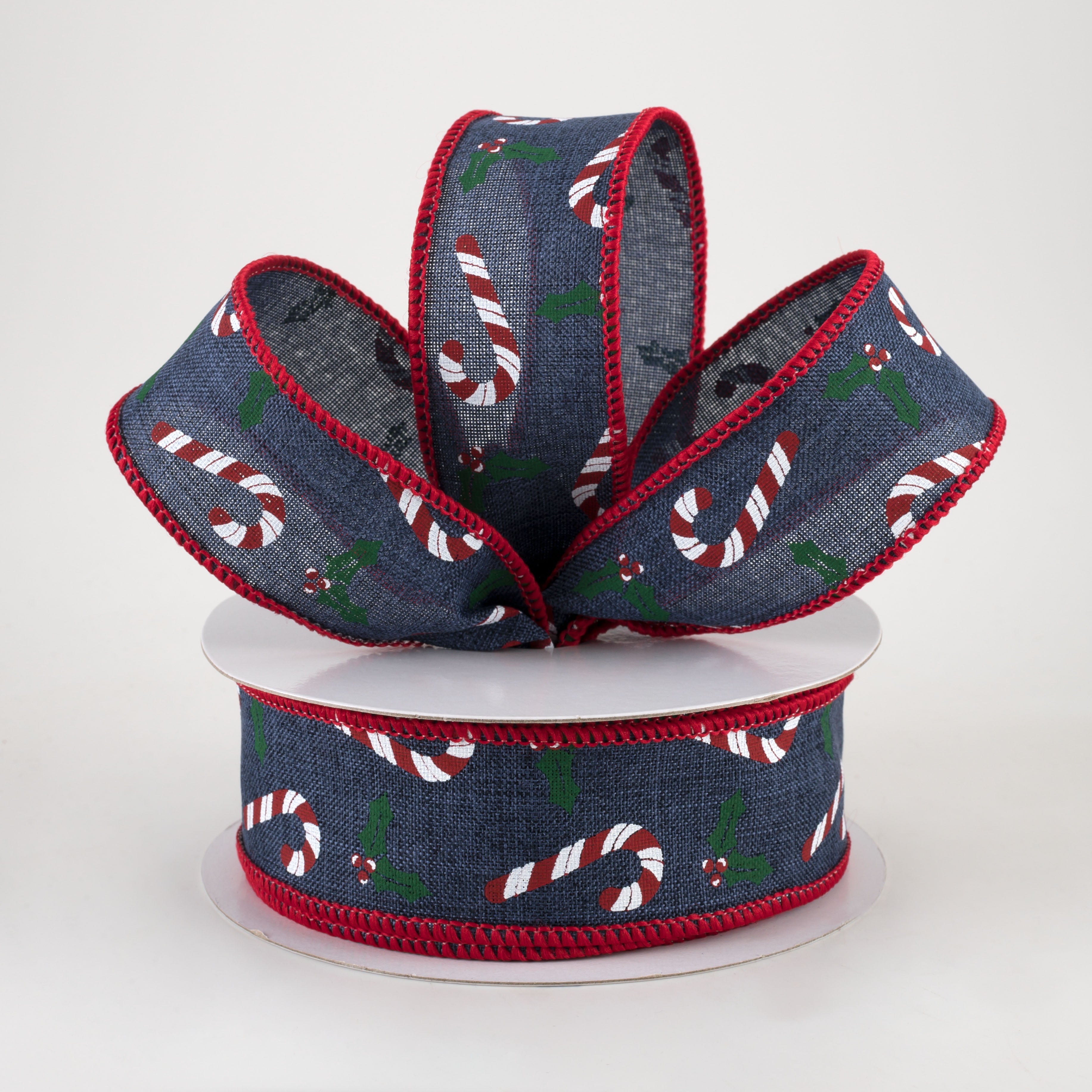 1.5" Candy Canes & Holly Ribbon: Navy (10 Yards) Lifestyle Photo