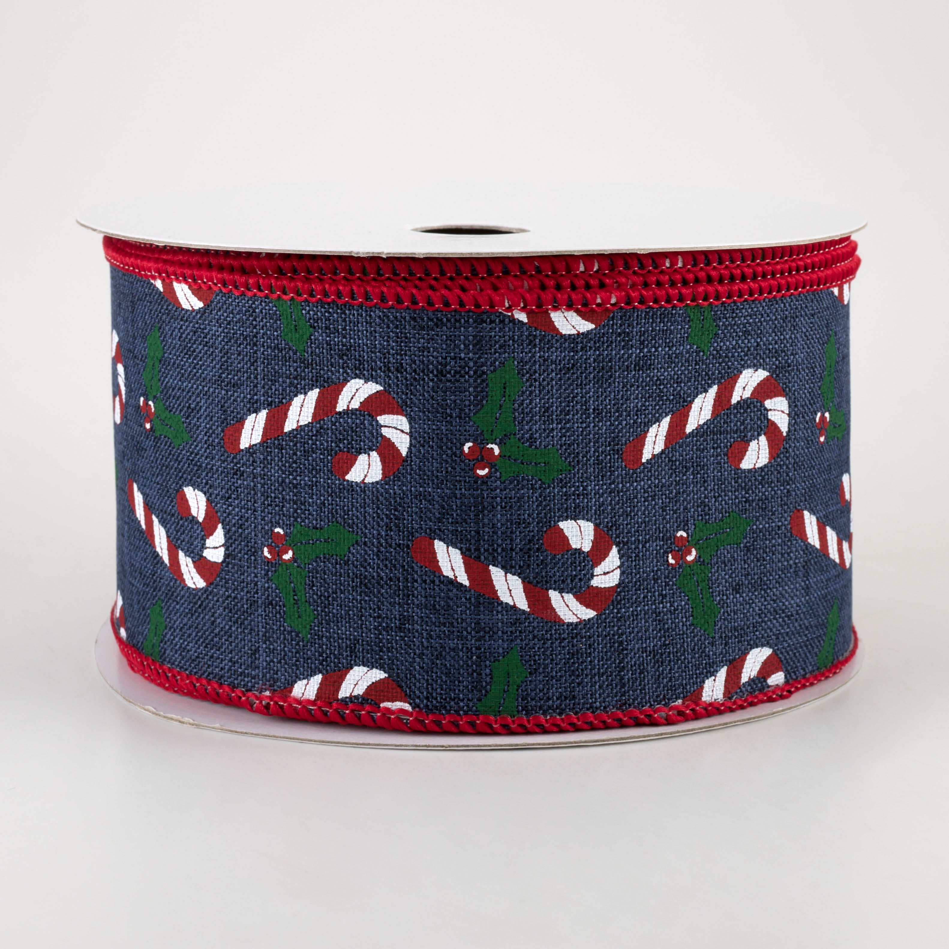 2.5" Candy Canes & Holly Ribbon: Navy (10 Yards)