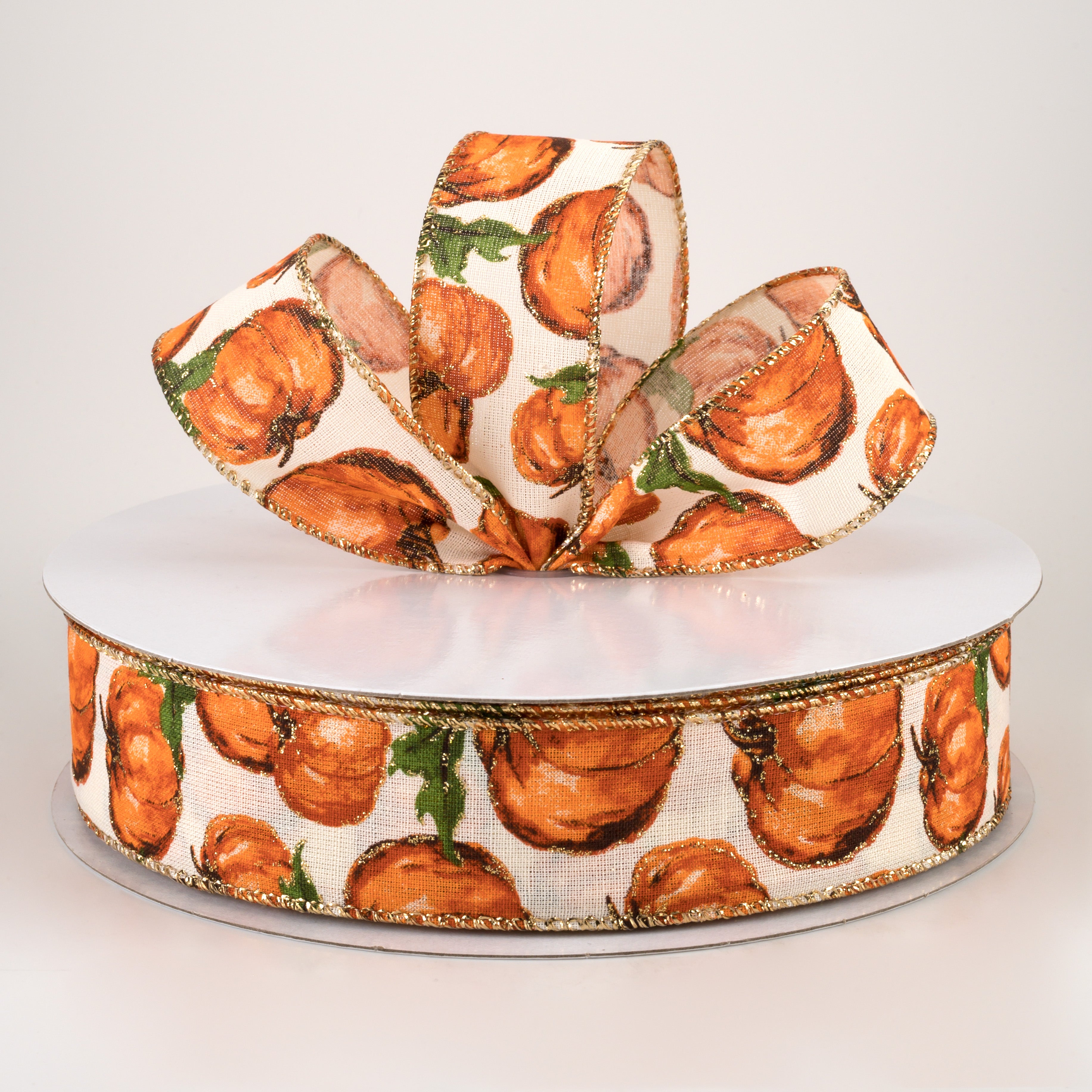 1.5" Canvas Glittered Watercolor Pumpkins Ribbon: Ivory (50 Yards) Lifestyle Photo