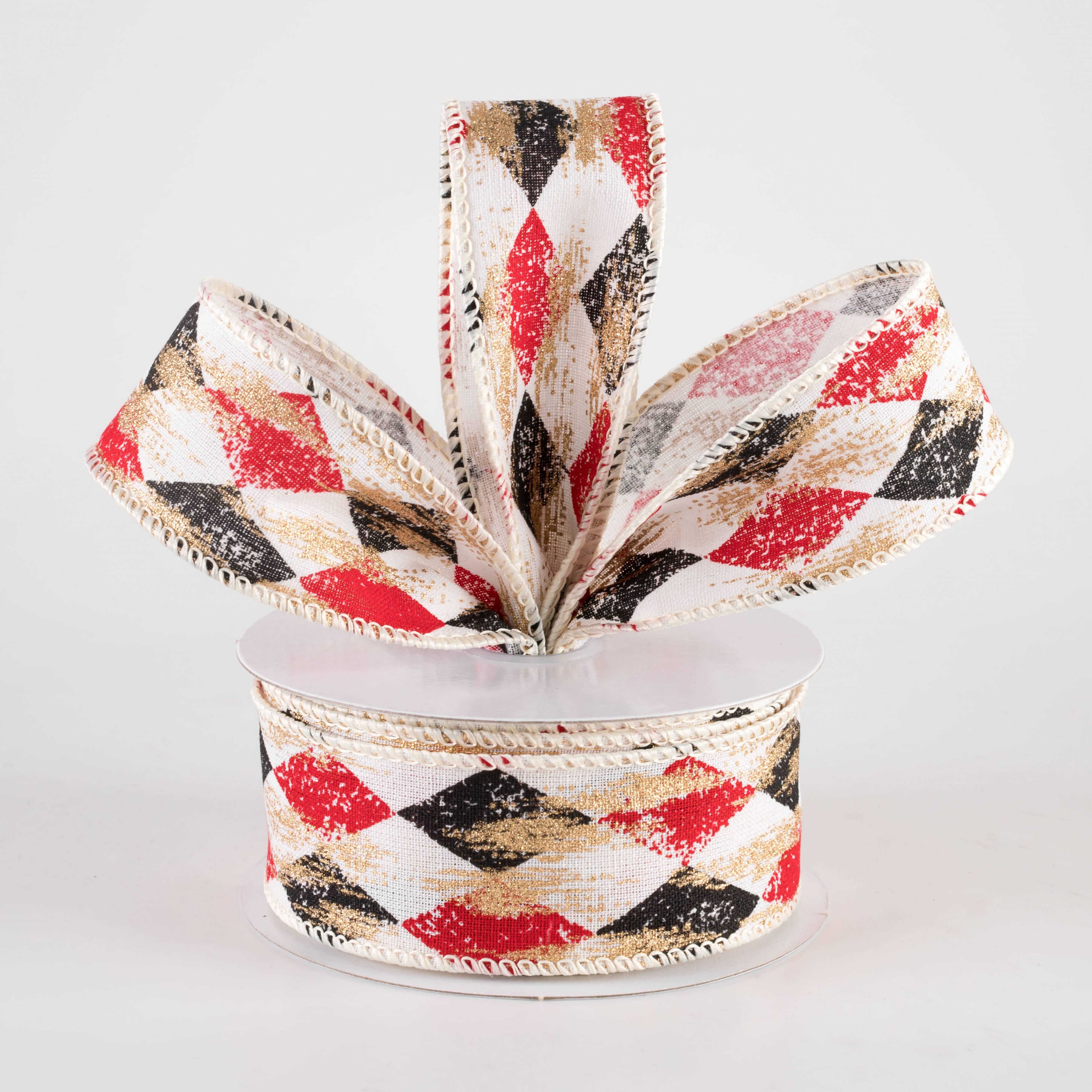 1.5" Canvas Harlequin Gold Painted Ribbon: Cream, Red & Black (10 Yards) Lifestyle Photo