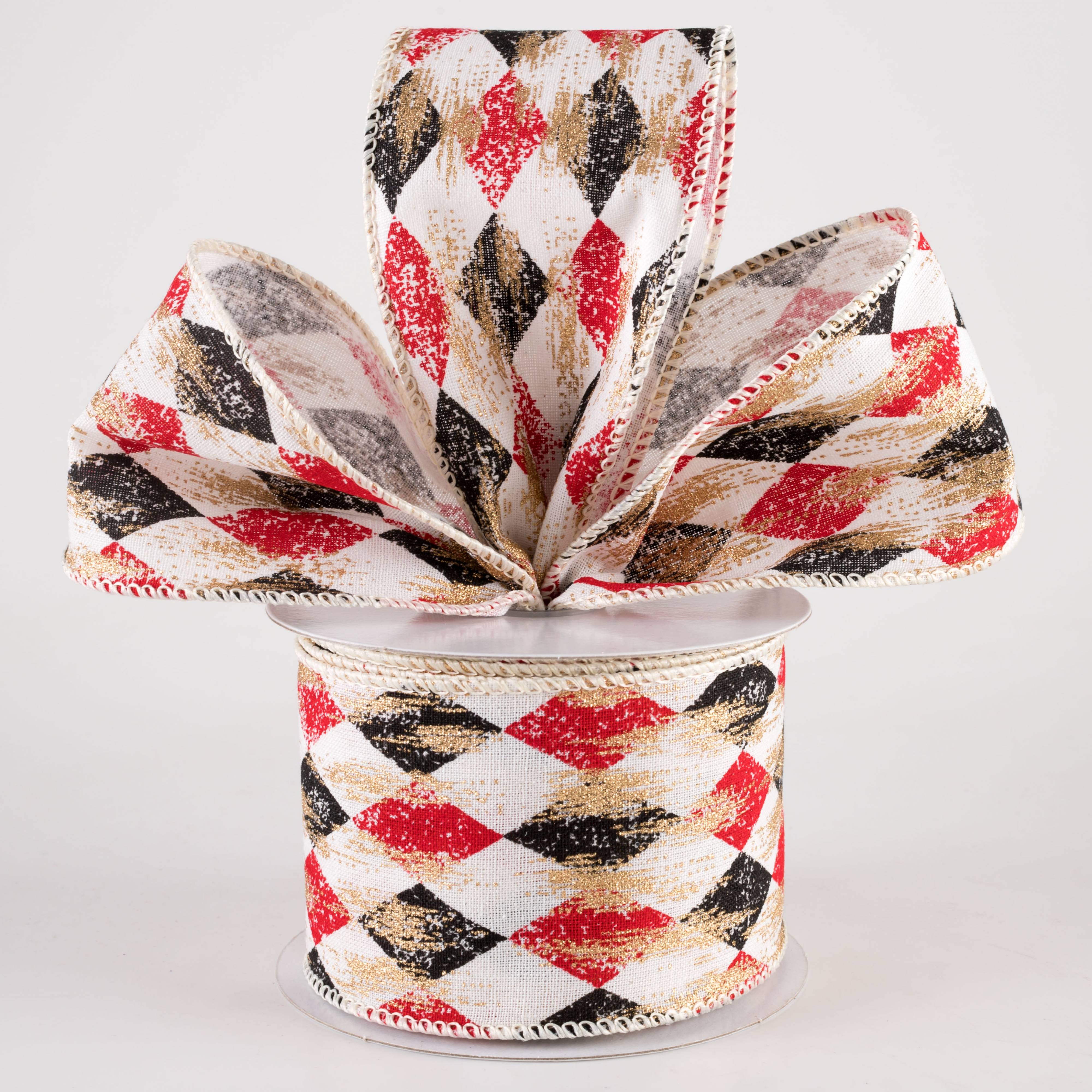 2.5" Canvas Harlequin Gold Painted Ribbon: Cream, Red & Black (10 Yards) Lifestyle Photo