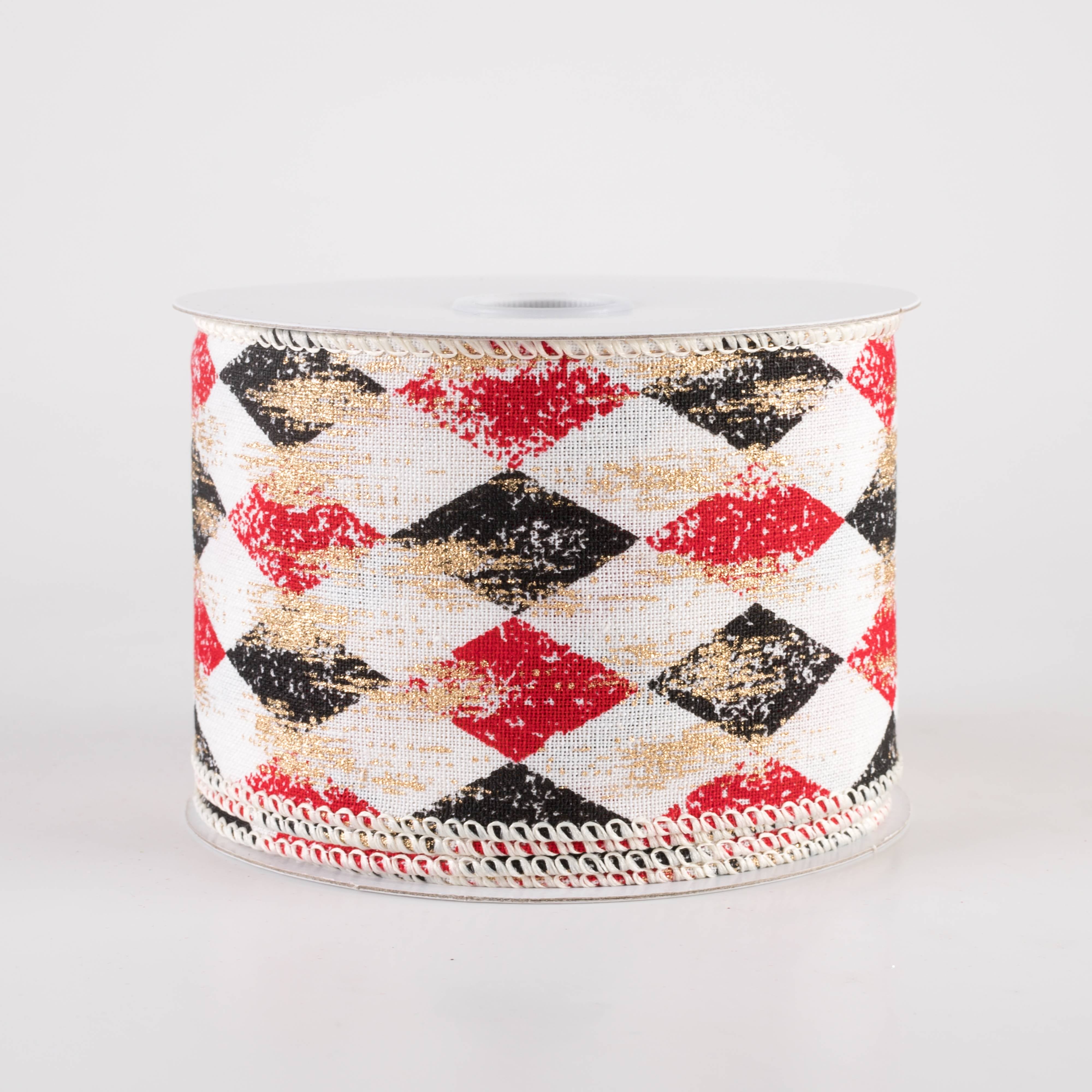 2.5" Canvas Harlequin Gold Painted Ribbon: Cream, Red & Black (10 Yards) Item Number: 72438-40-13