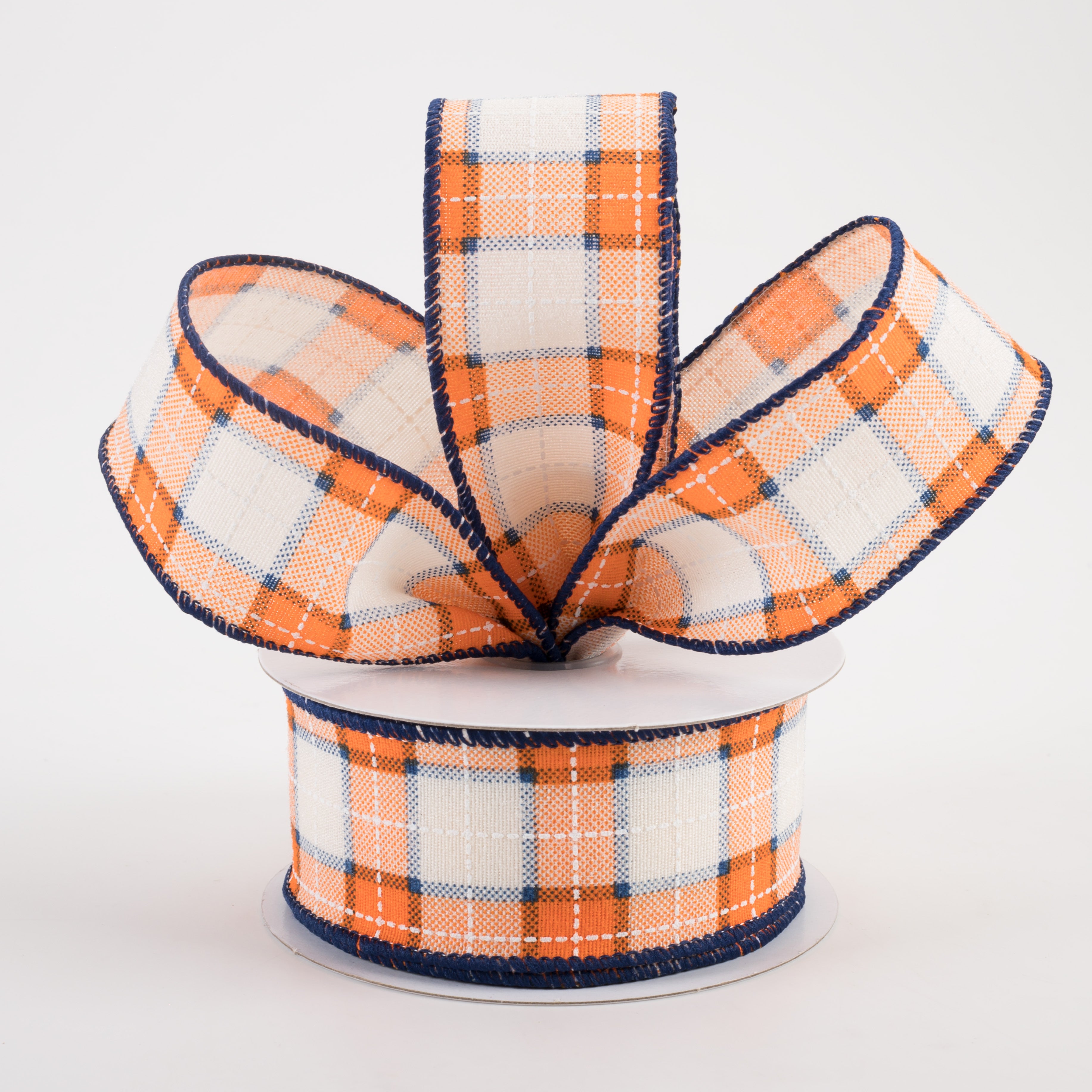 1.5" Canvas Printed Plaid Ribbon: Orange, Navy & White (10 Yards) Lifestyle Photo