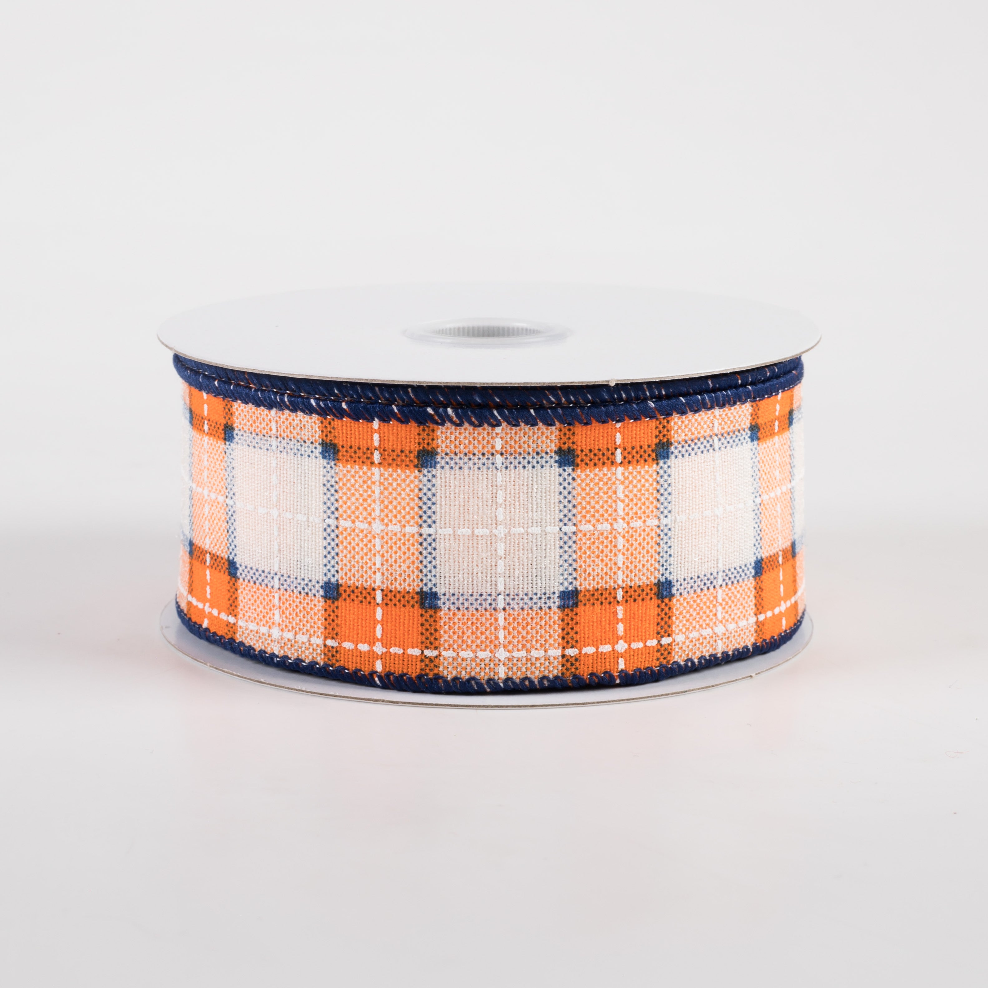1.5" Canvas Printed Plaid Ribbon: Orange, Navy & White (10 Yards)
