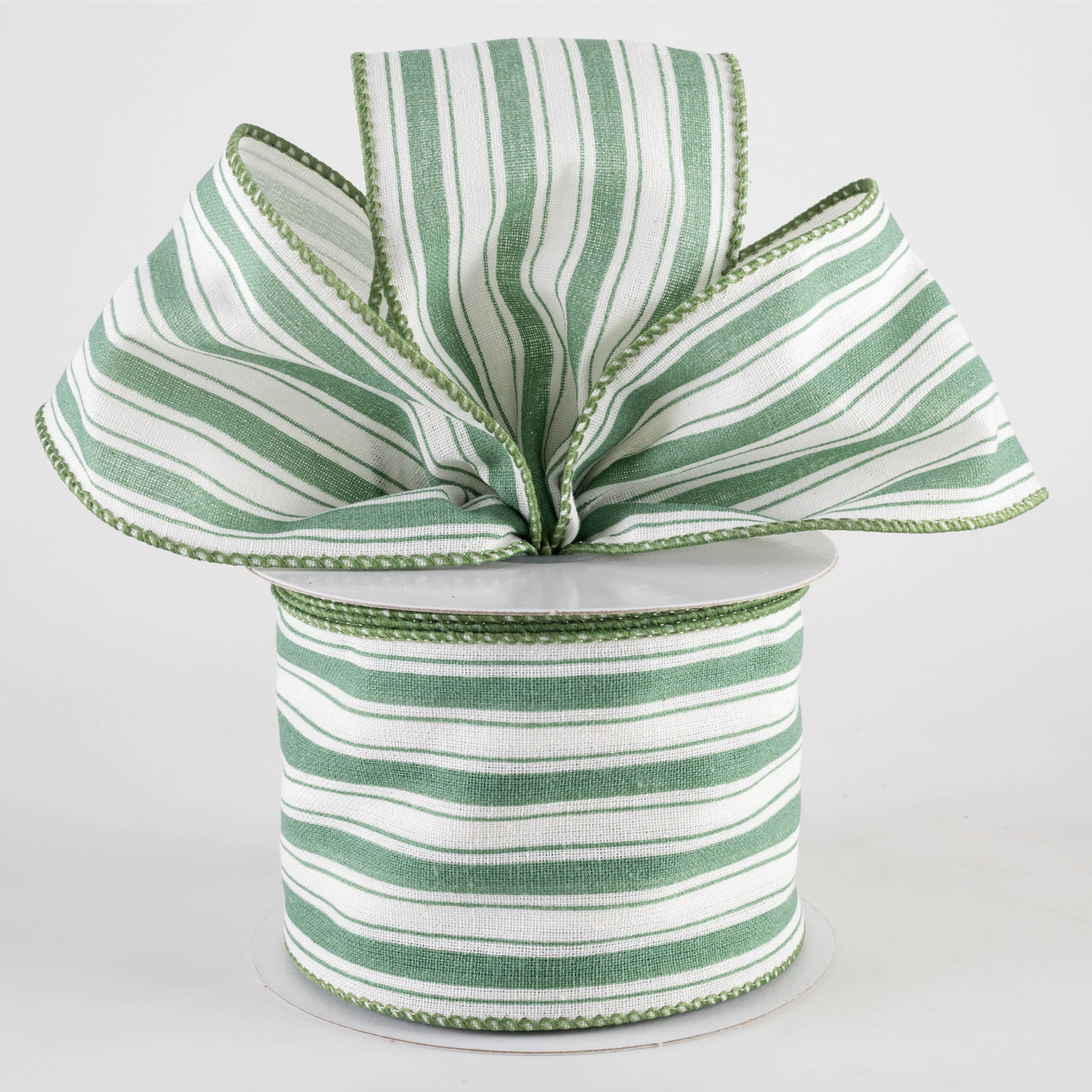2.5" Canvas Ticking Stripe Ribbon: Dark Mint on Ivory (10 Yards) Lifestyle Photo