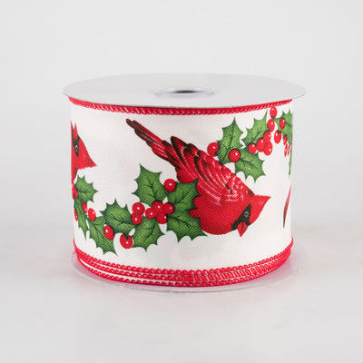 2.5" Cardinal & Holly Diagonal Weave Ribbon: Ivory (10 Yards)