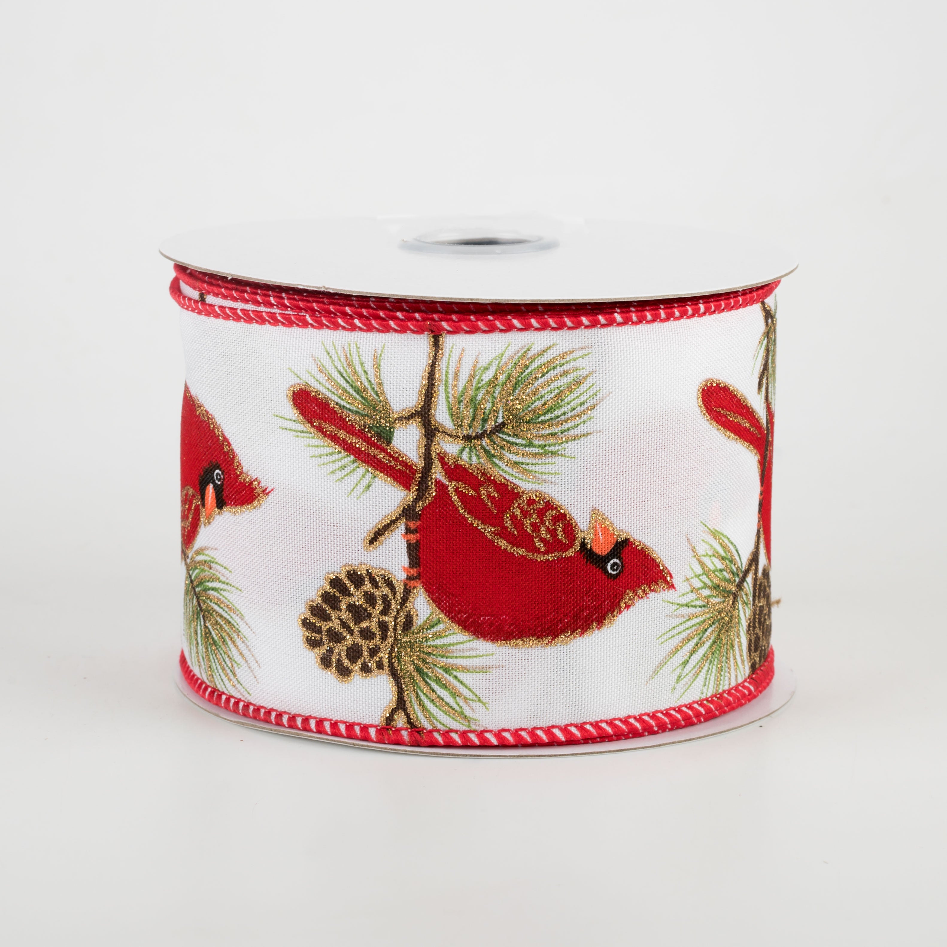2.5" Cardinal on Pine Branch Ribbon: White (10 Yards)