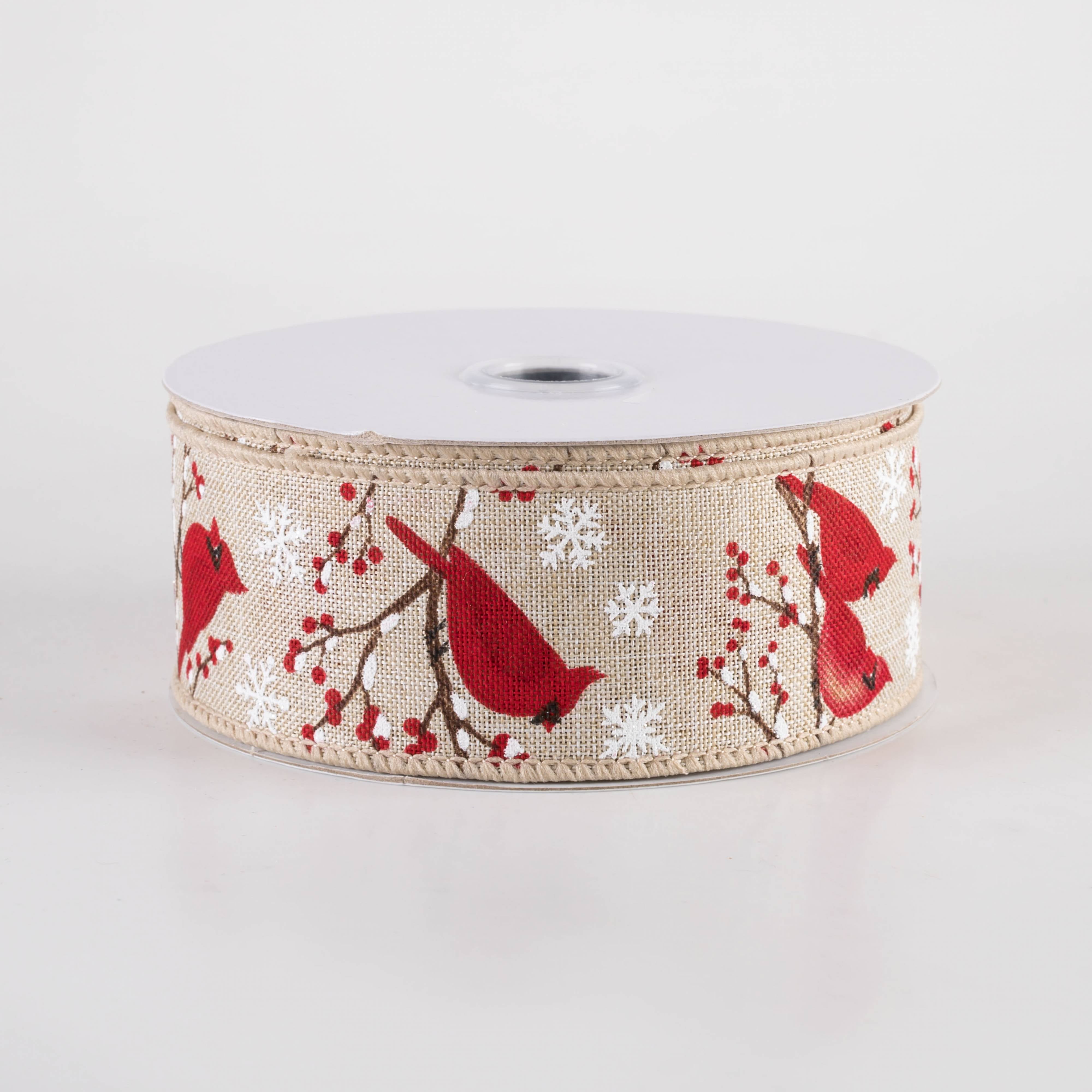 1.5" Cardinal, Snowflake & Berries Ribbon: Natural (10 Yards) Item Number: RGF136018