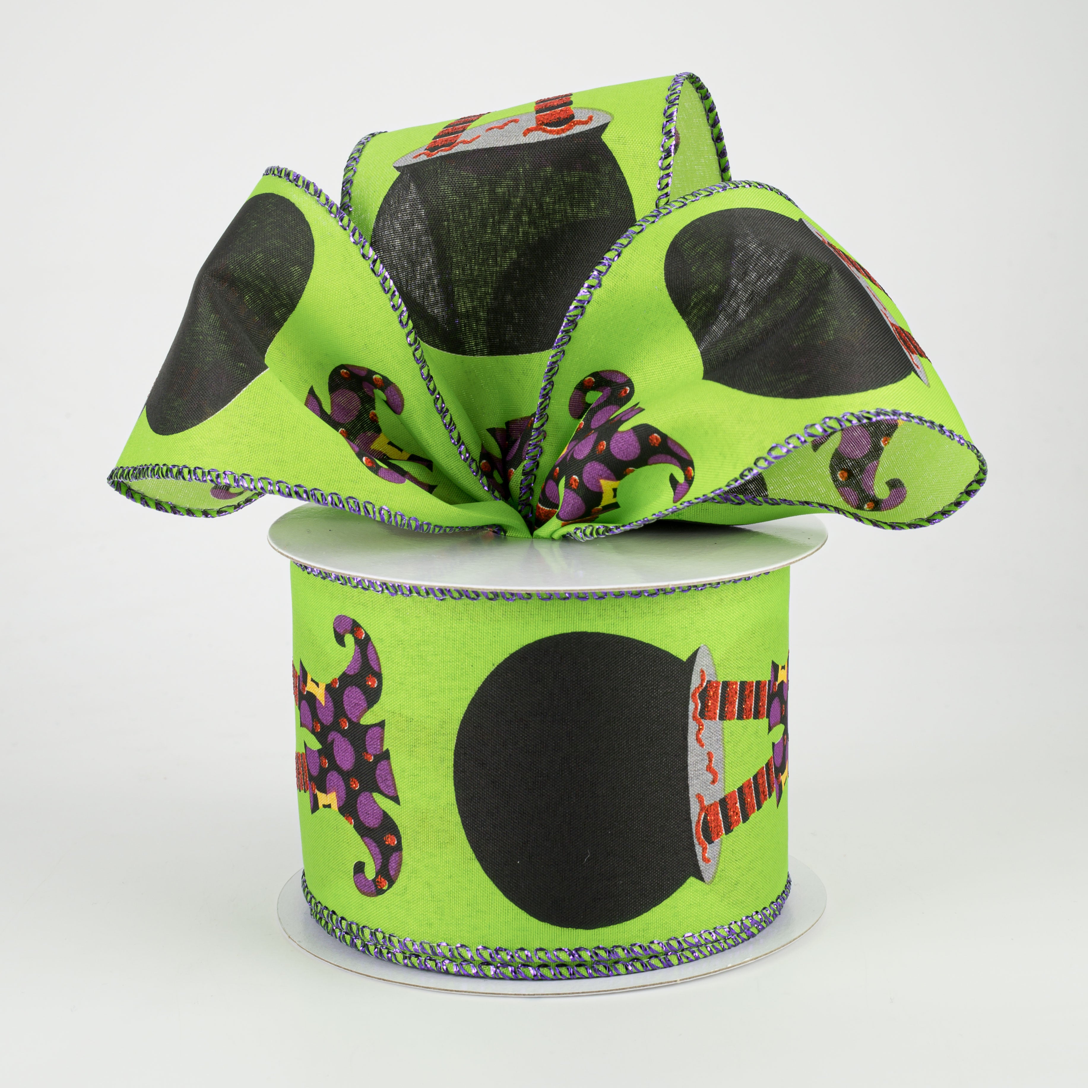 2.5" Cauldron Witch Legs Satin Ribbon: Lime (10 Yards) Lifestyle Photo
