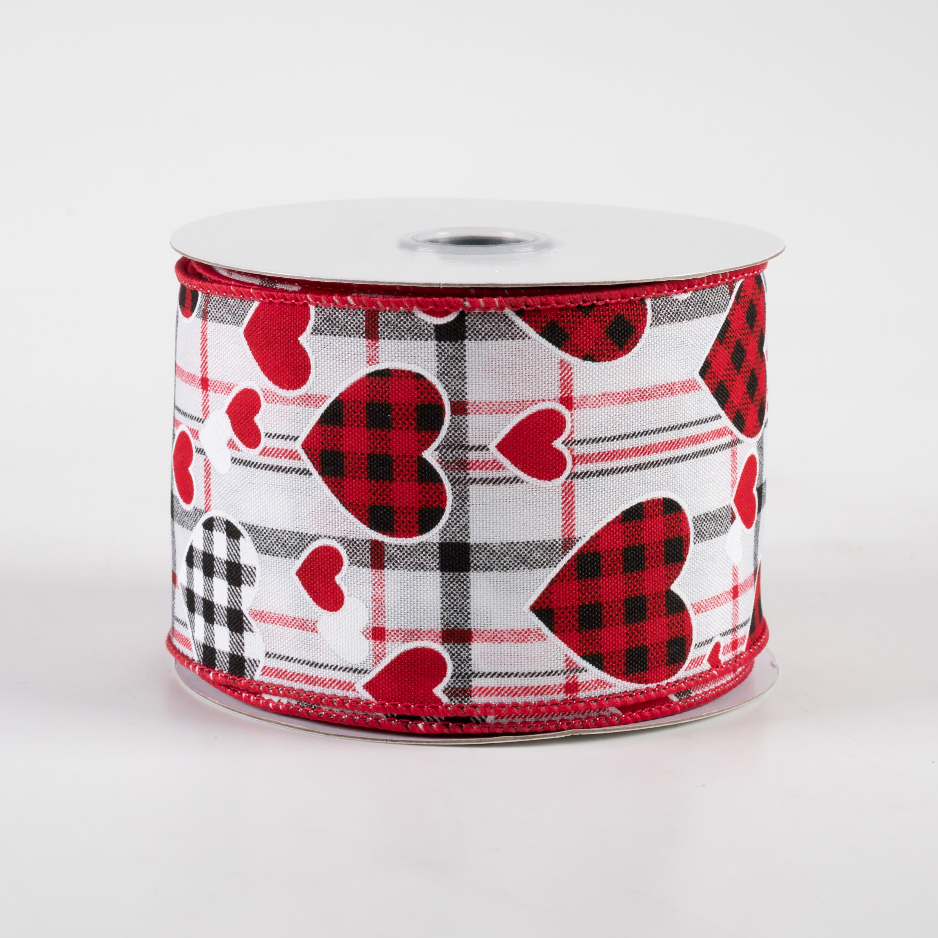 2.5" Check Hearts On Plaid Ribbon: White (10 Yards)