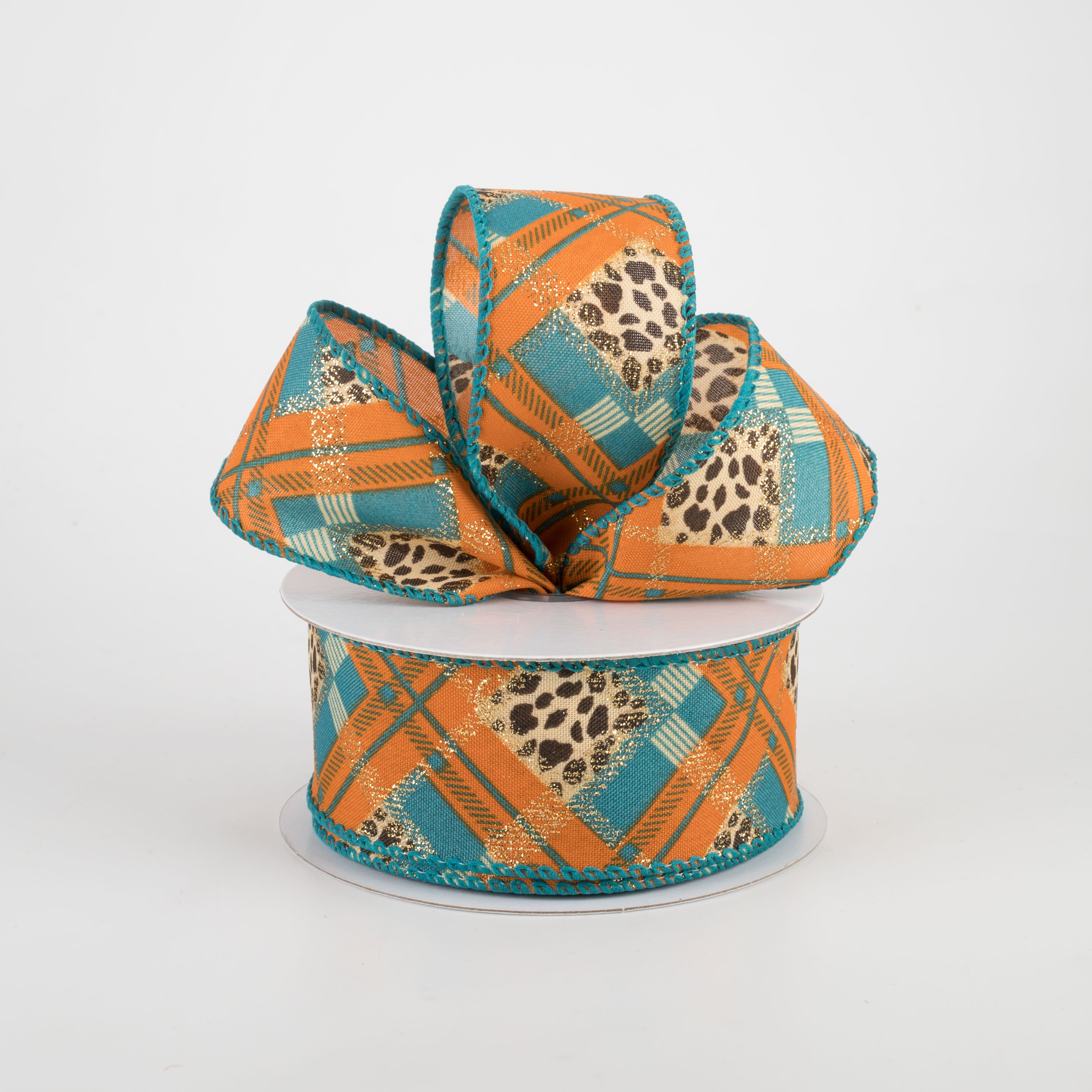 1.5" Cheetah Argyle Plaid Satin Ribbon: Teal & Orange (10 Yards) Lifestyle Photo