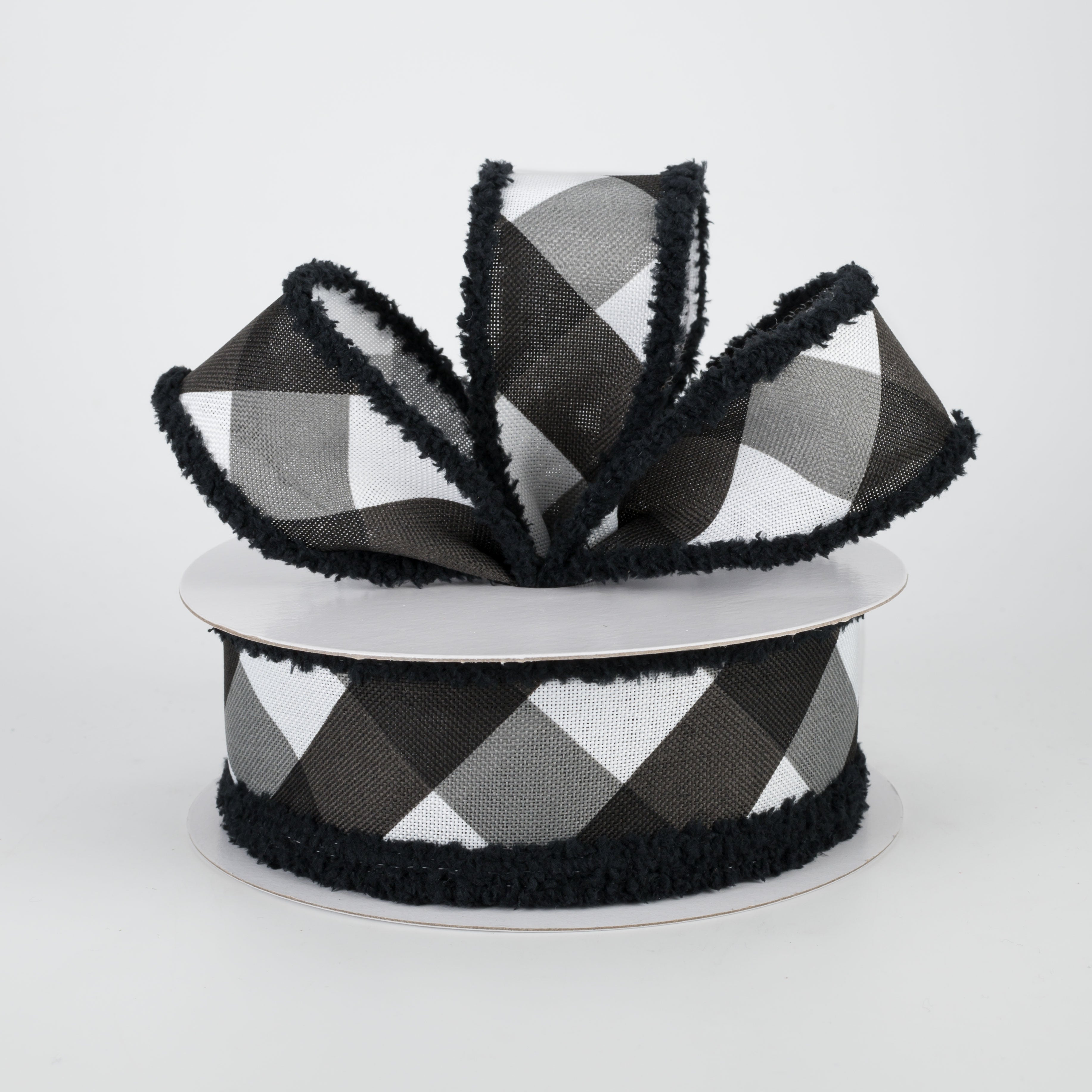 1.5" Chenille Edge Bold Check Ribbon: White & Black (10 Yards) Lifestyle Photo