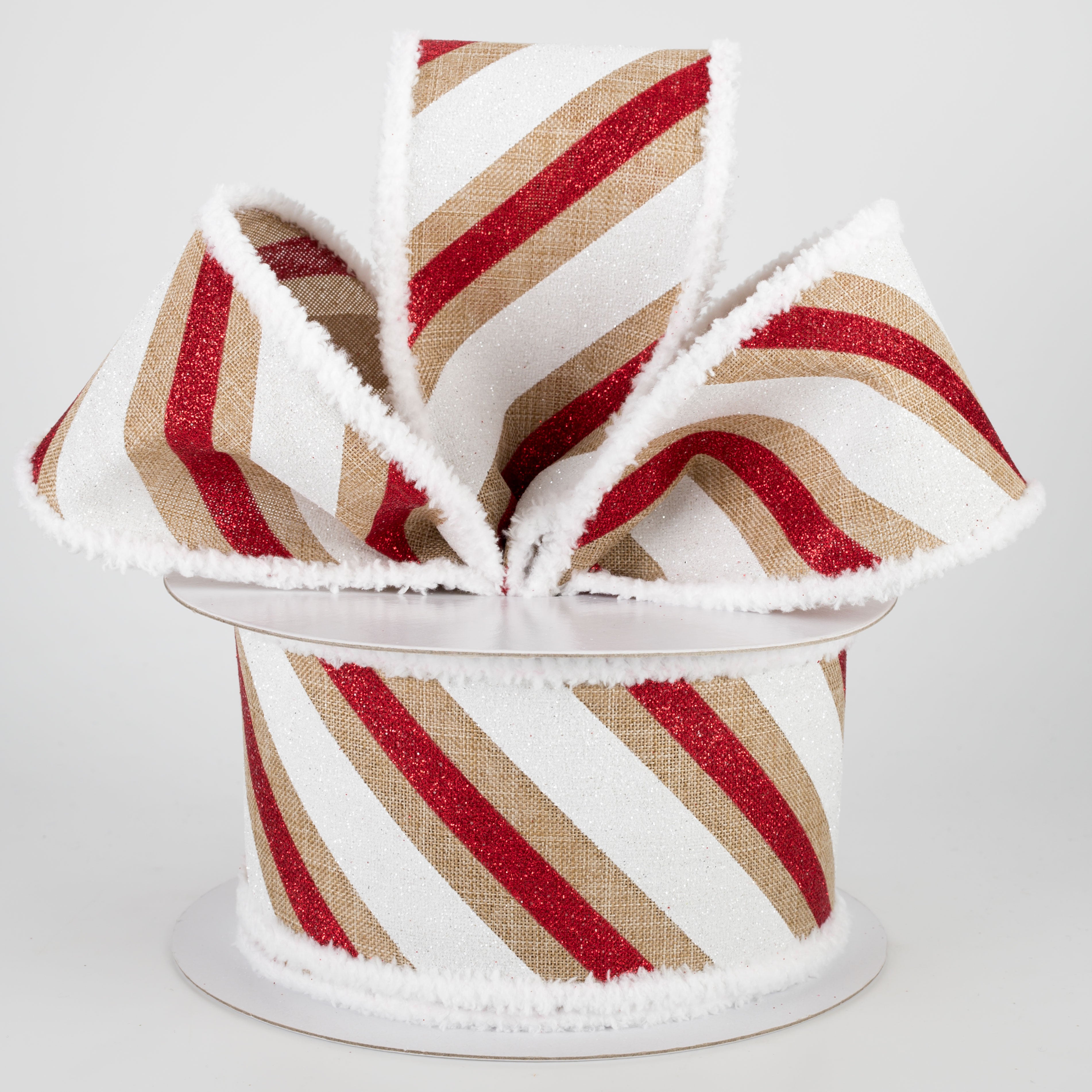 2.5" Chenille Edge Diagonal Glitter Stripe Ribbon: Beige, Red, White (10 Yards) Lifestyle Photo
