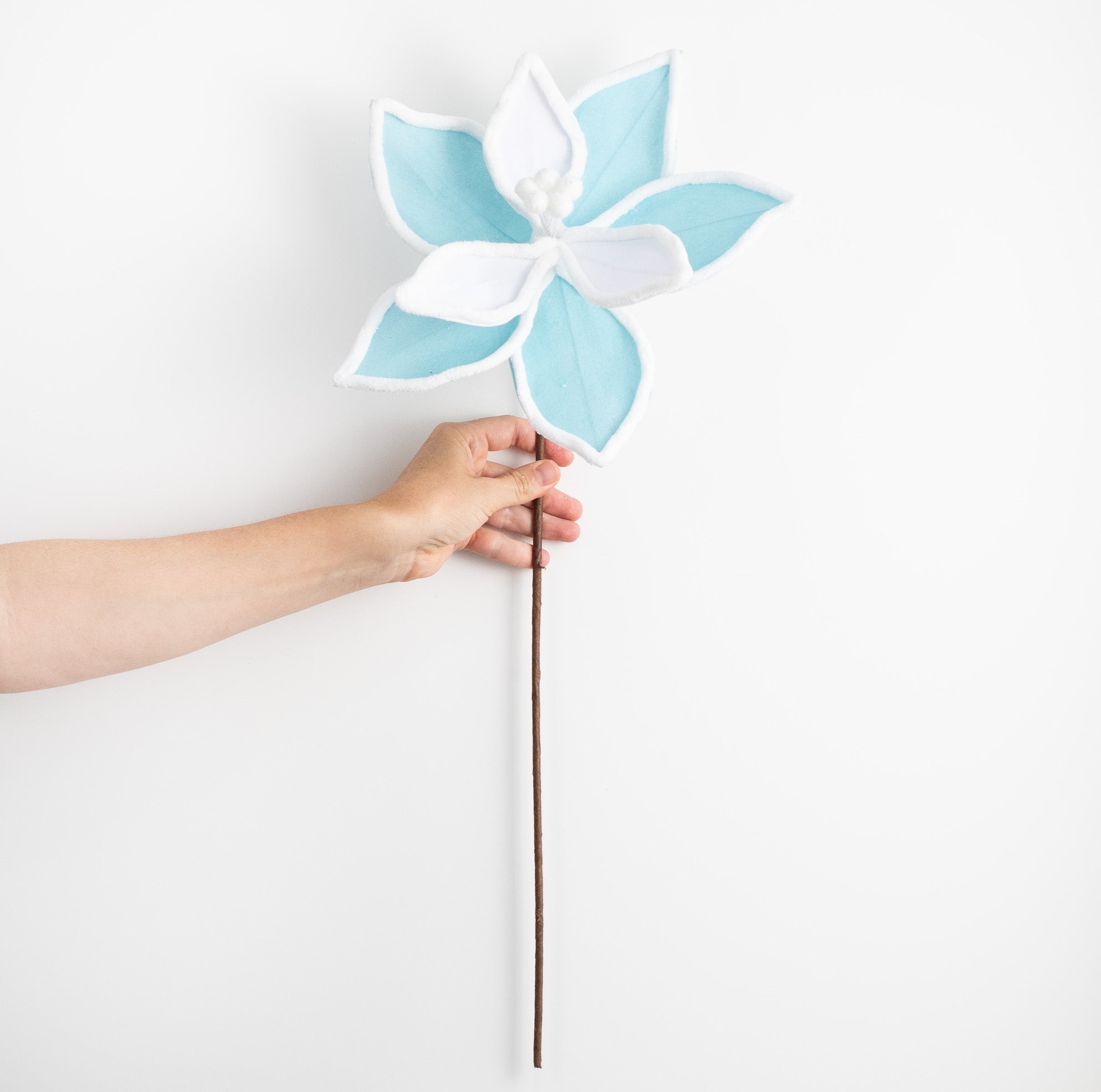 19" Chenille Poinsettia Pick: Blue & White detail photo 3