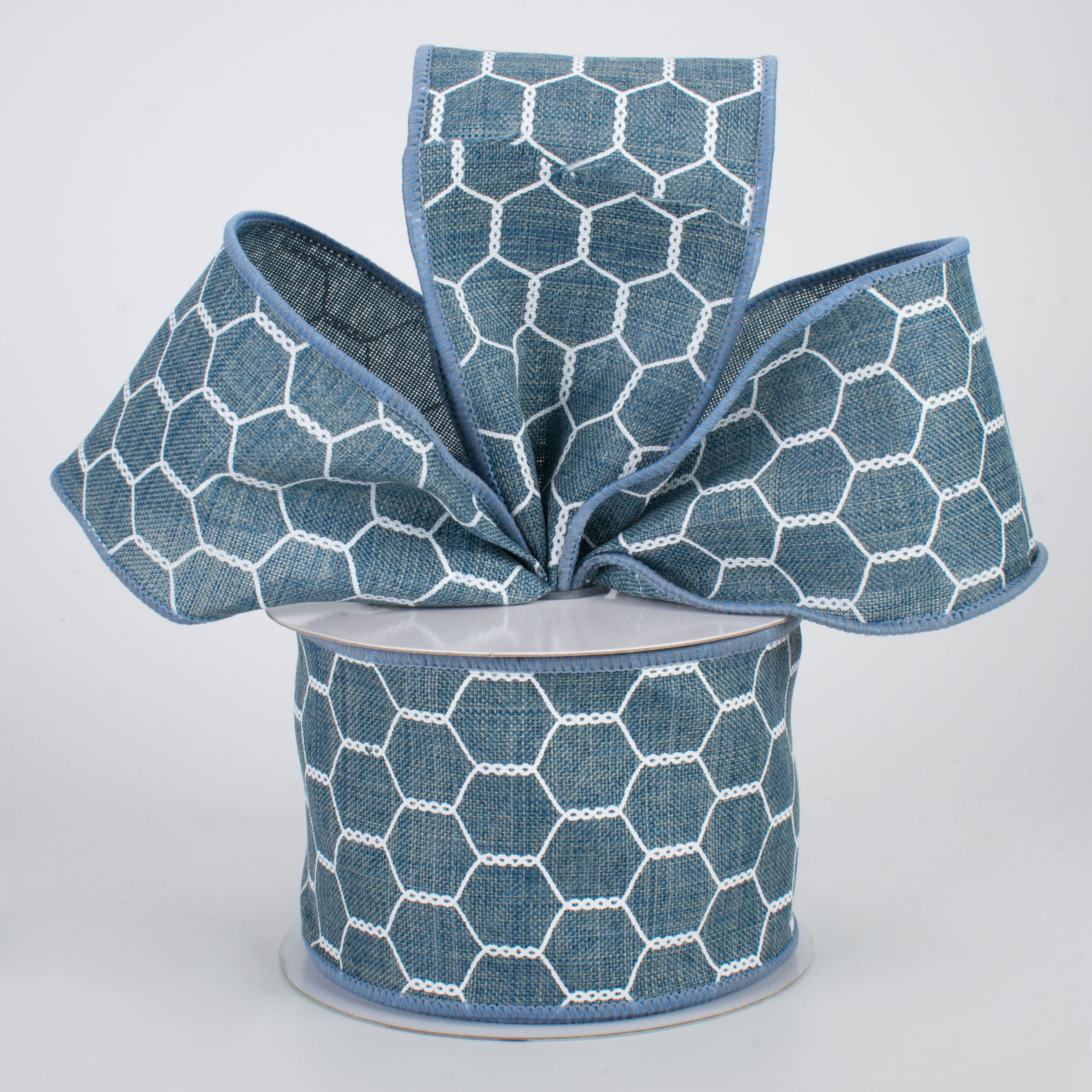 2.5" Chicken Wire Ribbon: Faded Denim & White (10 Yards) Lifestyle Photo