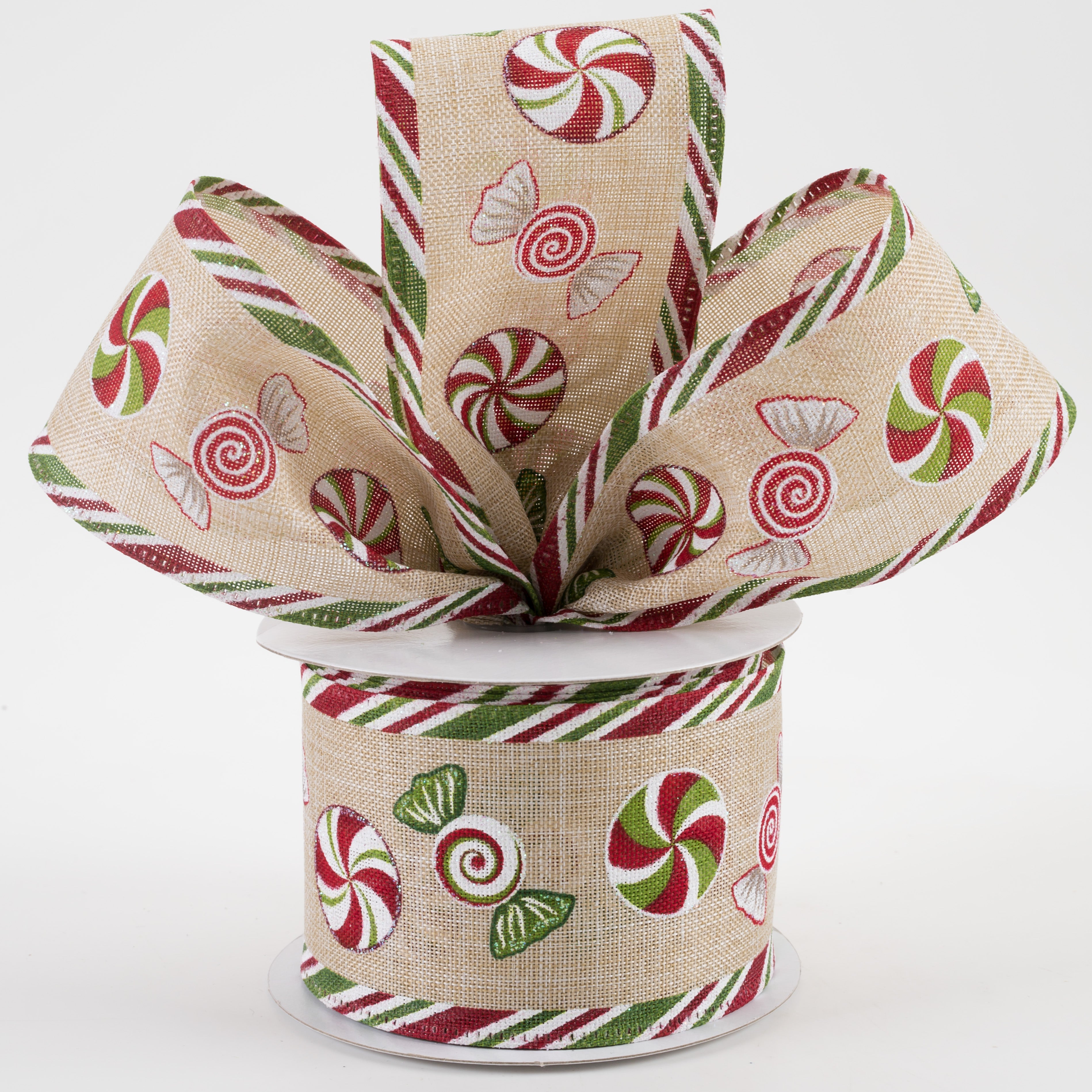 2.5" Christmas Candy Edge Linen Ribbon: Natural, Green, Red (10 Yards) Lifestyle Photo