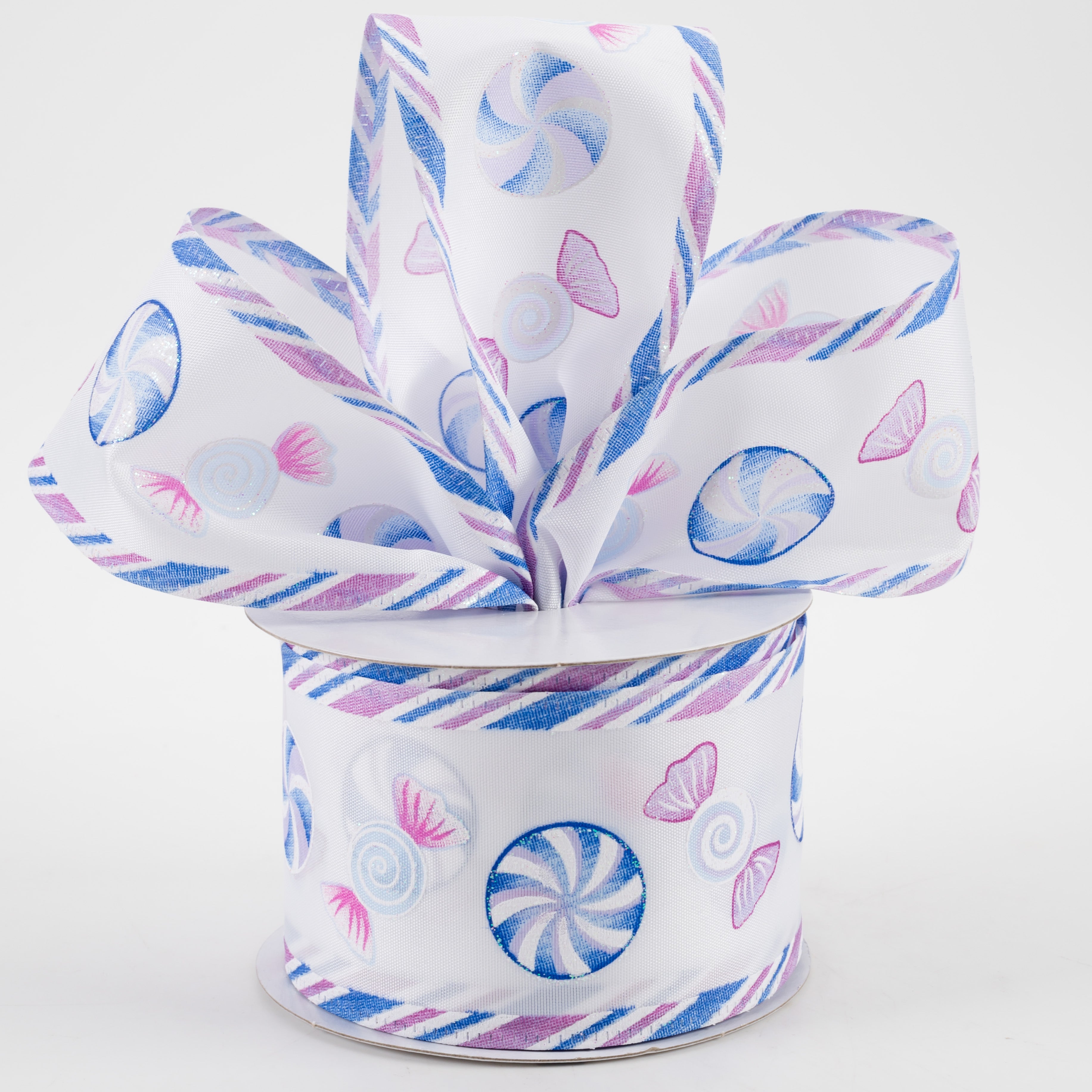 2.5" Christmas Candy Edge Satin Ribbon: White, Blue, Lavender, Pink (10 Yards) Lifestyle Photo