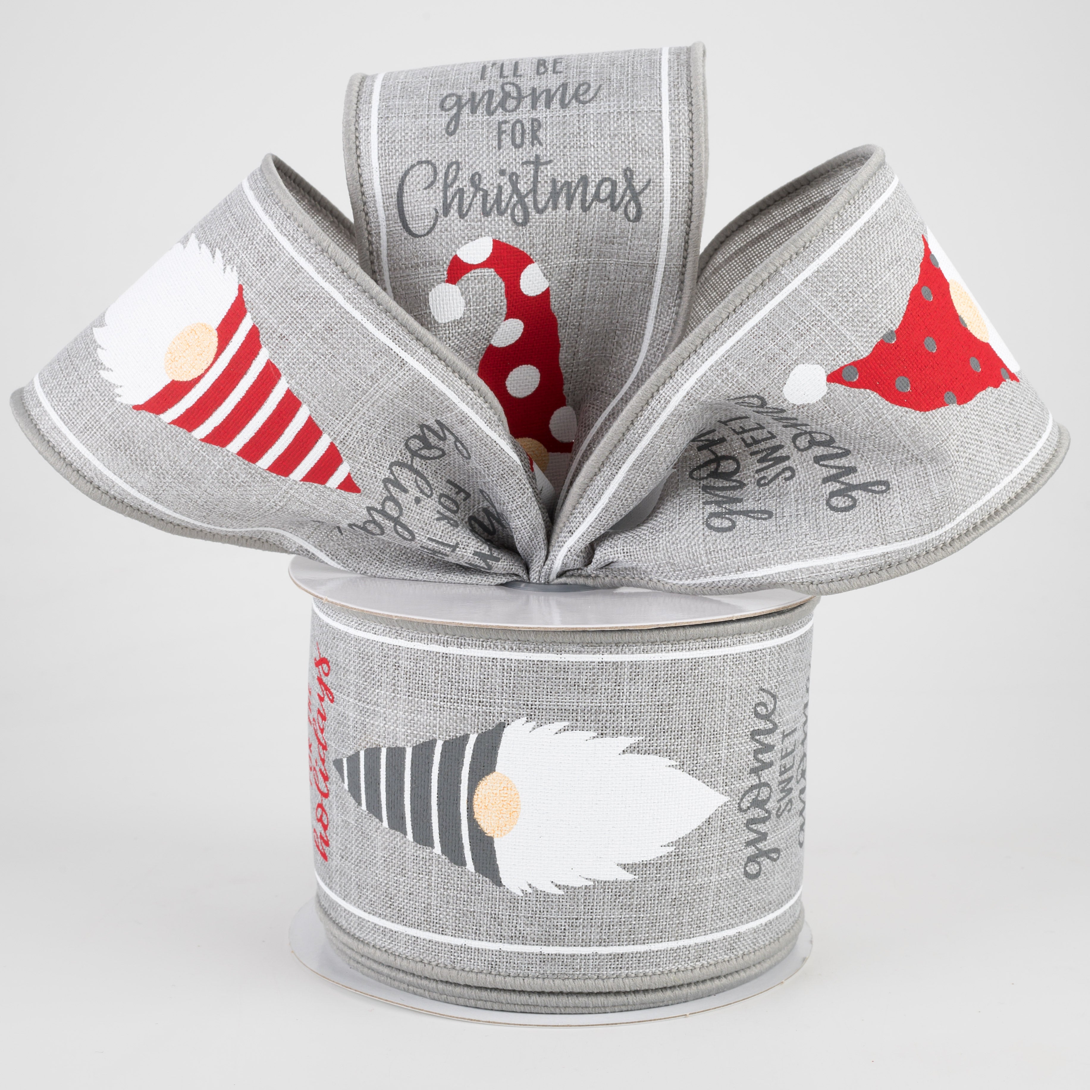 2.5" Christmas Gnome Heads Ribbon: Light Grey (10 Yards) Lifestyle Photo