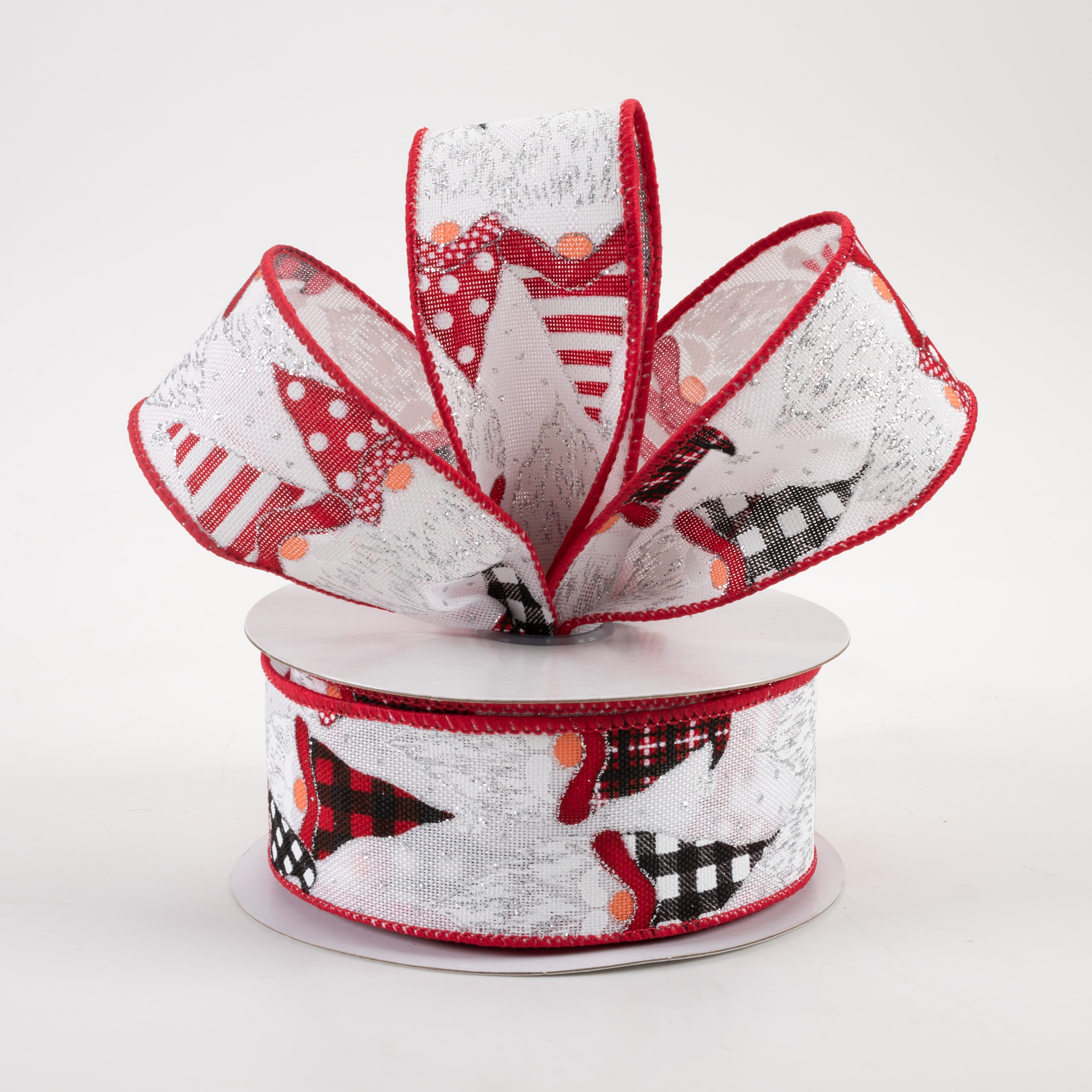 1.5" Christmas Gnome Heads Ribbon: White, Red, Black (10 Yards) Lifestyle Photo