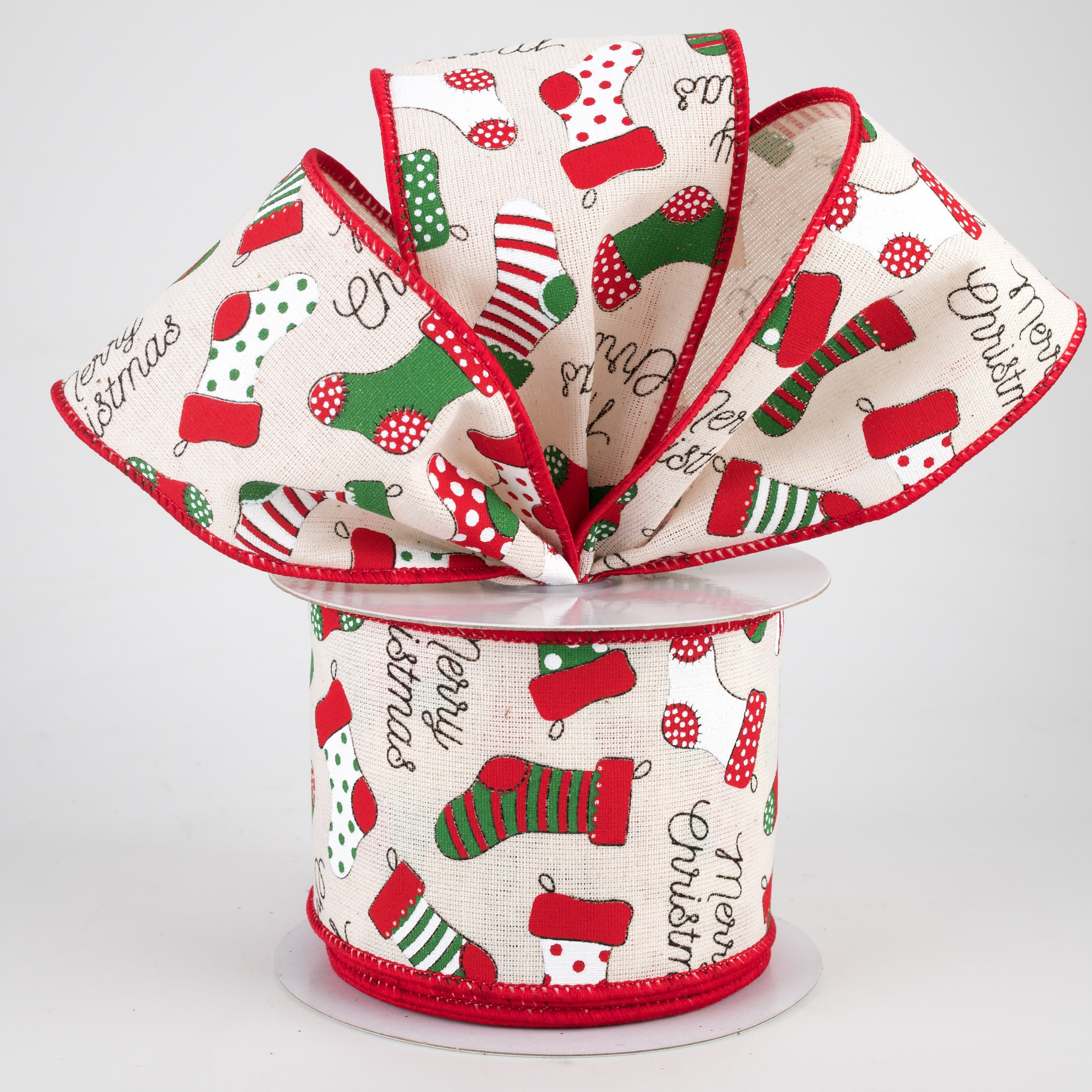 2.5" Christmas Stockings Ribbon: Cream (10 Yards) Lifestyle Photo
