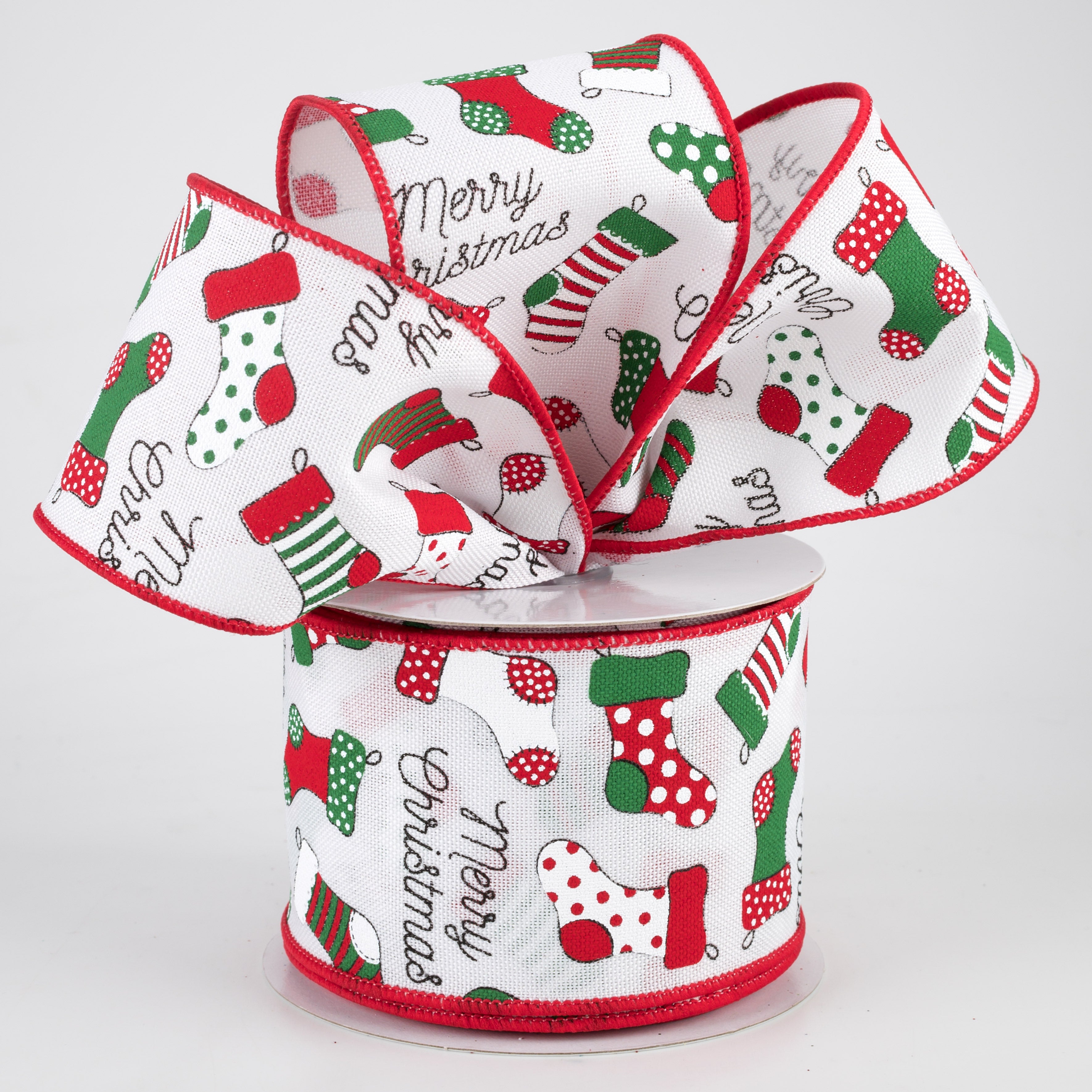 2.5" Christmas Stockings Ribbon: White (10 Yards) Lifestyle Photo
