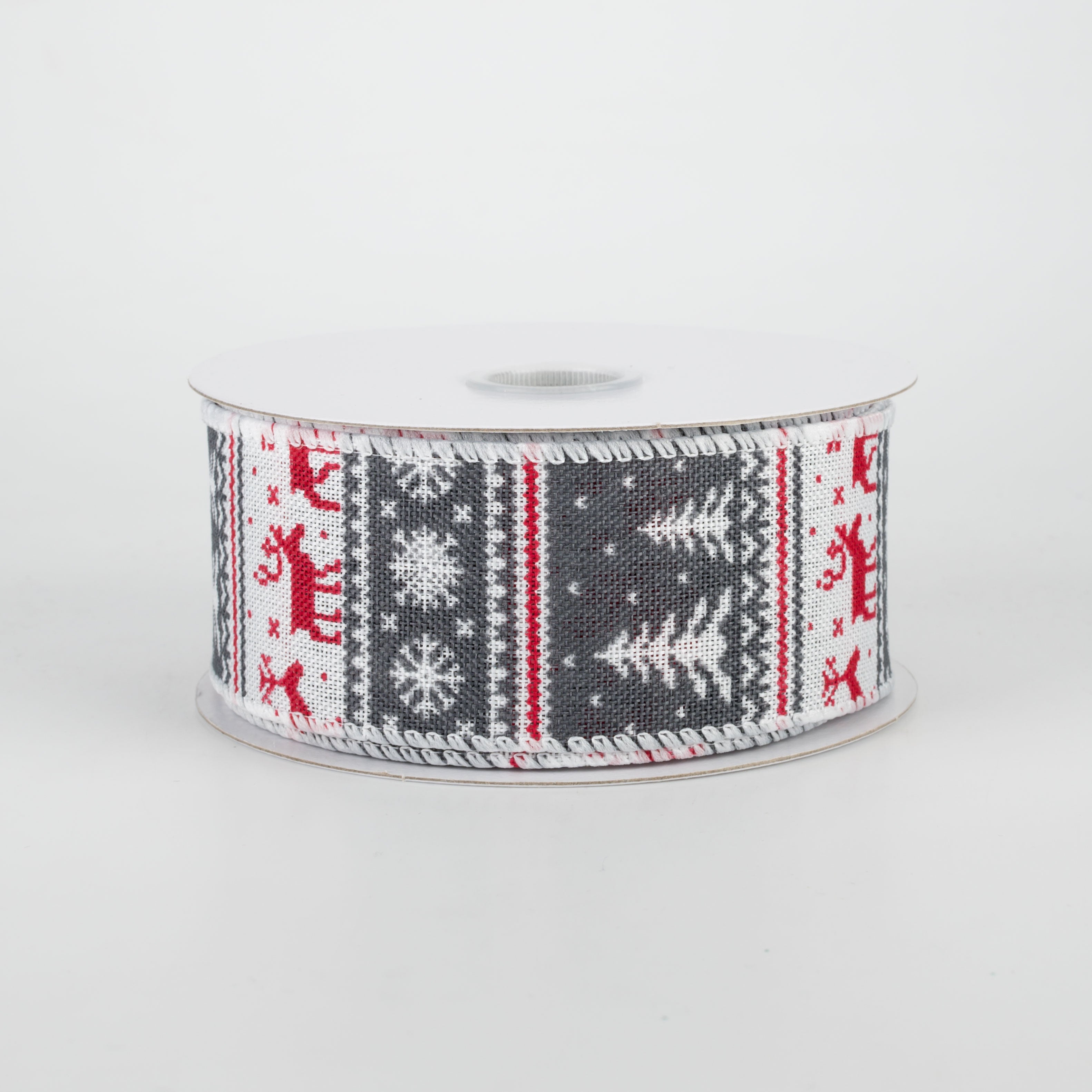 1.5" Christmas Sweater Canvas Ribbon: Grey & Red (10 Yards)