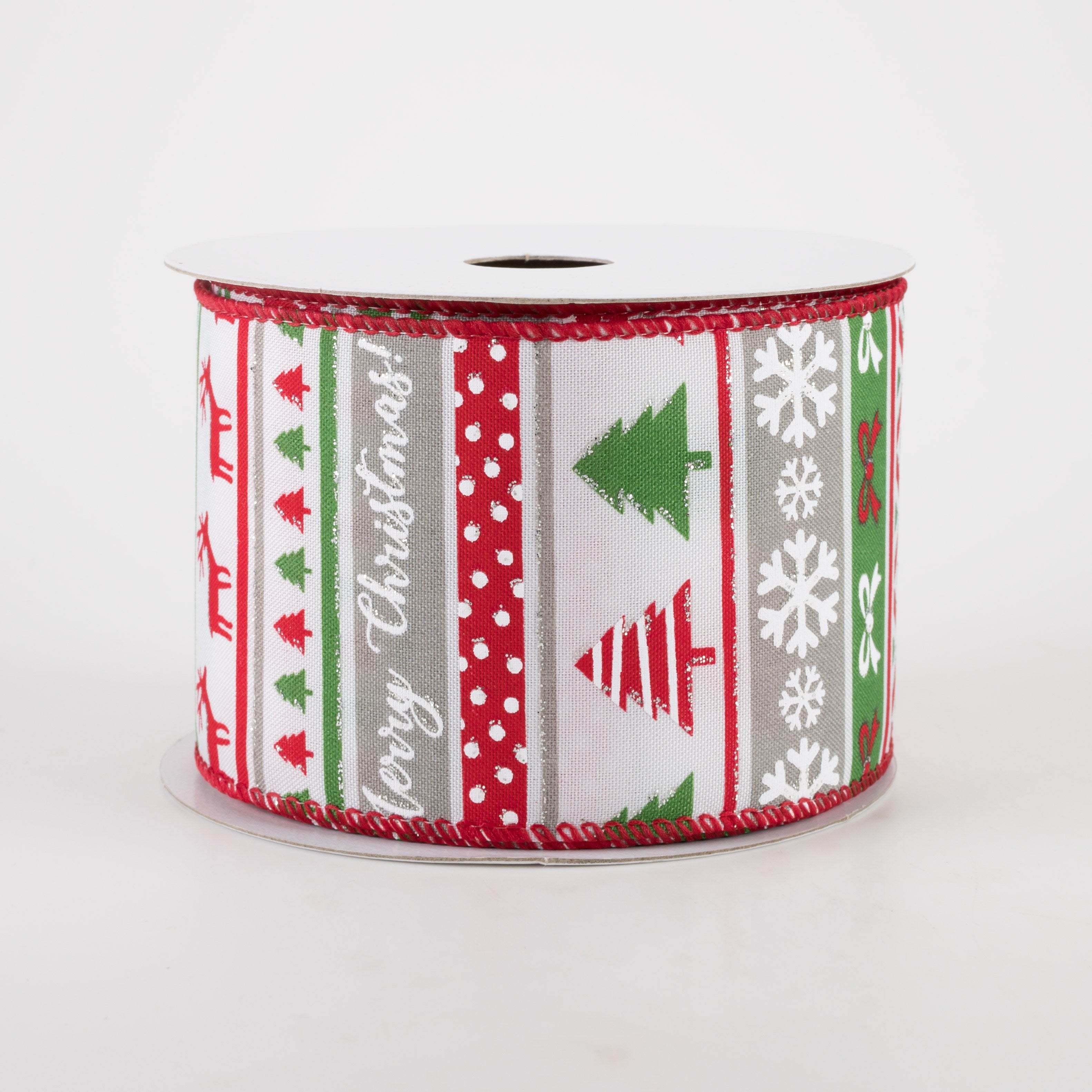 2.5" Christmas Sweater Stripes Ribbon: Grey, Green, Red (10 Yards) Item Number: 71103-40-01