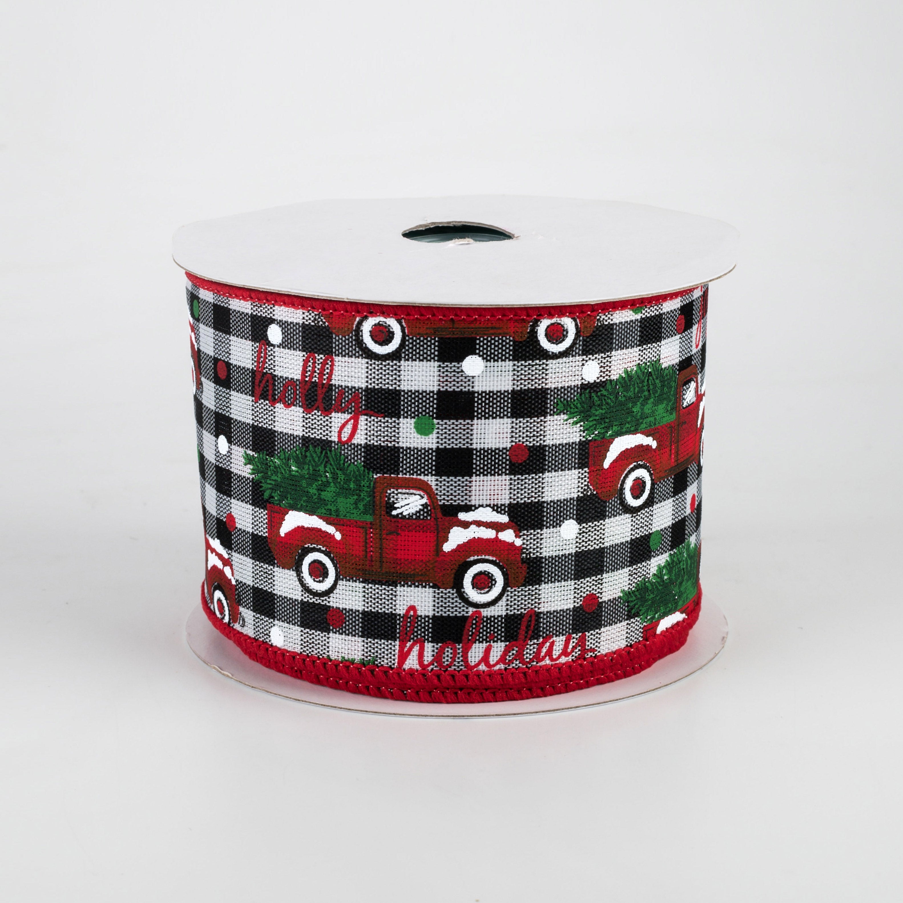 2.5" Christmas Trucks Polka Dot Check Ribbon: Black & White (10 Yards)