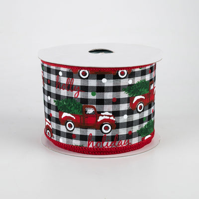 2.5" Christmas Trucks Polka Dot Check Ribbon: Black & White (10 Yards)